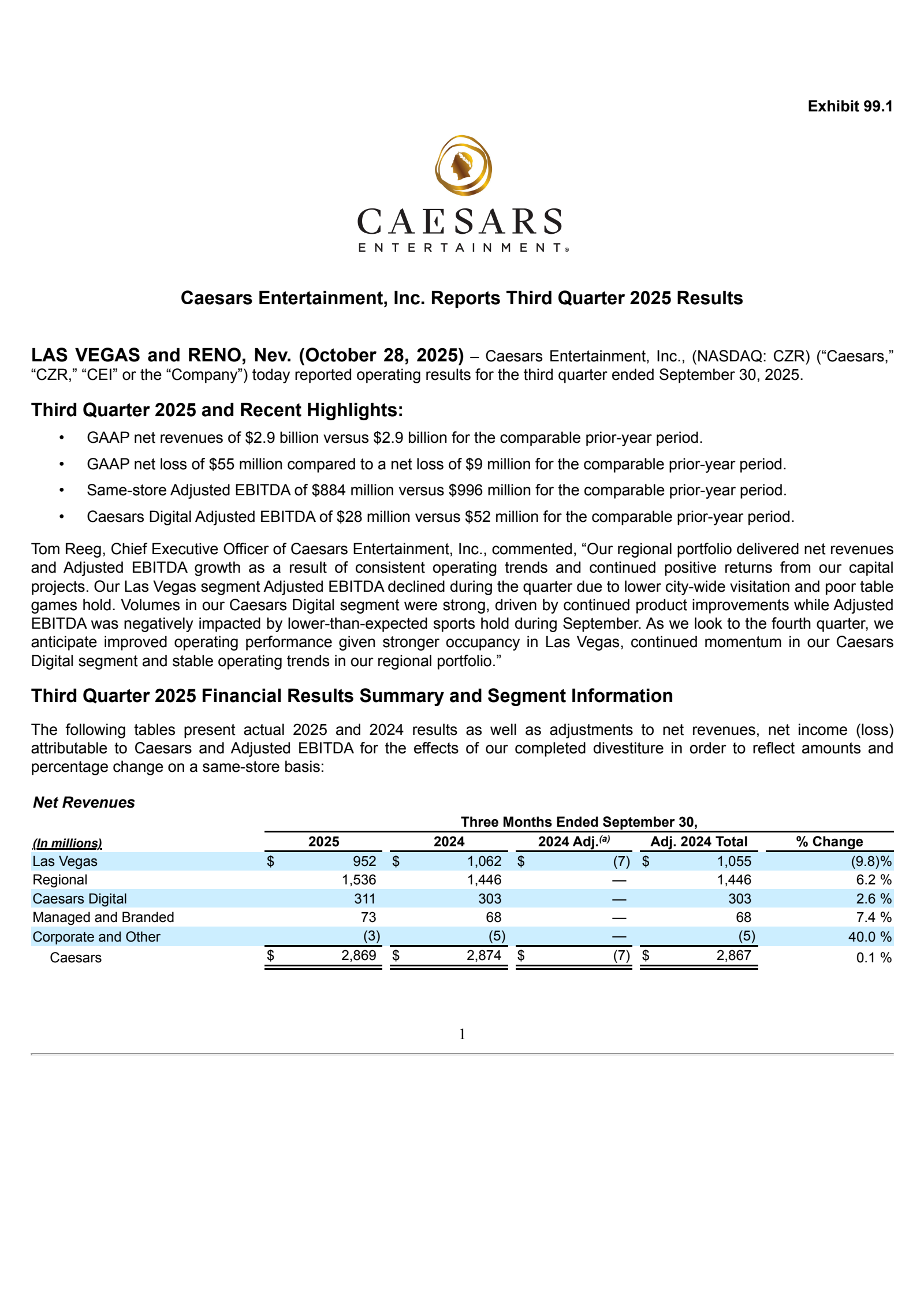 Caesars Entertainment's Q3 2025 Earnings Release