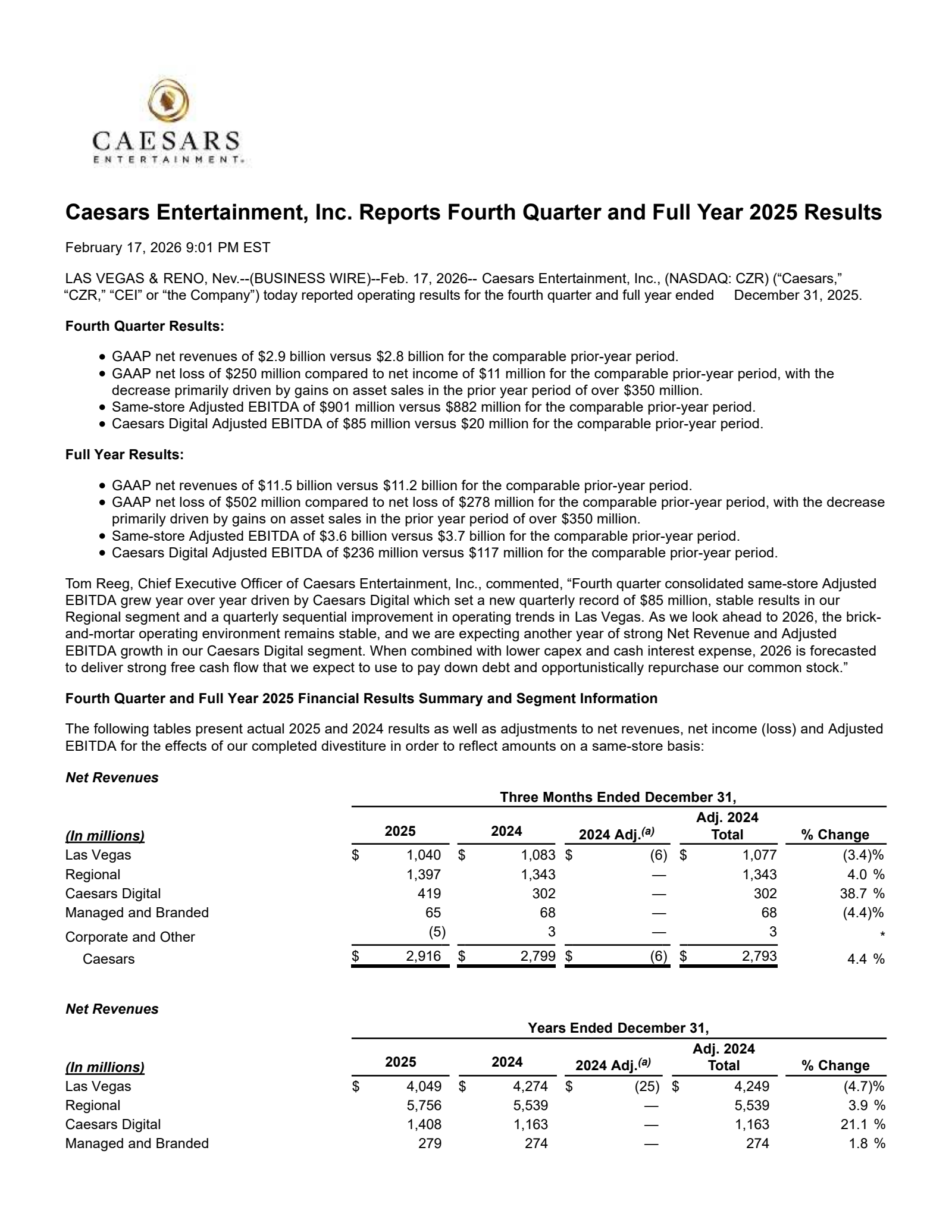 Caesars Entertainment's Q4 2025 Press Release