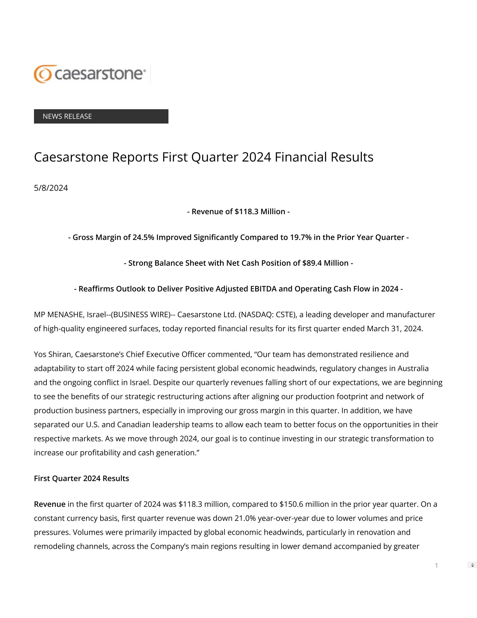 CSTE Q1 2024 Earnings Report on 5/8/2024