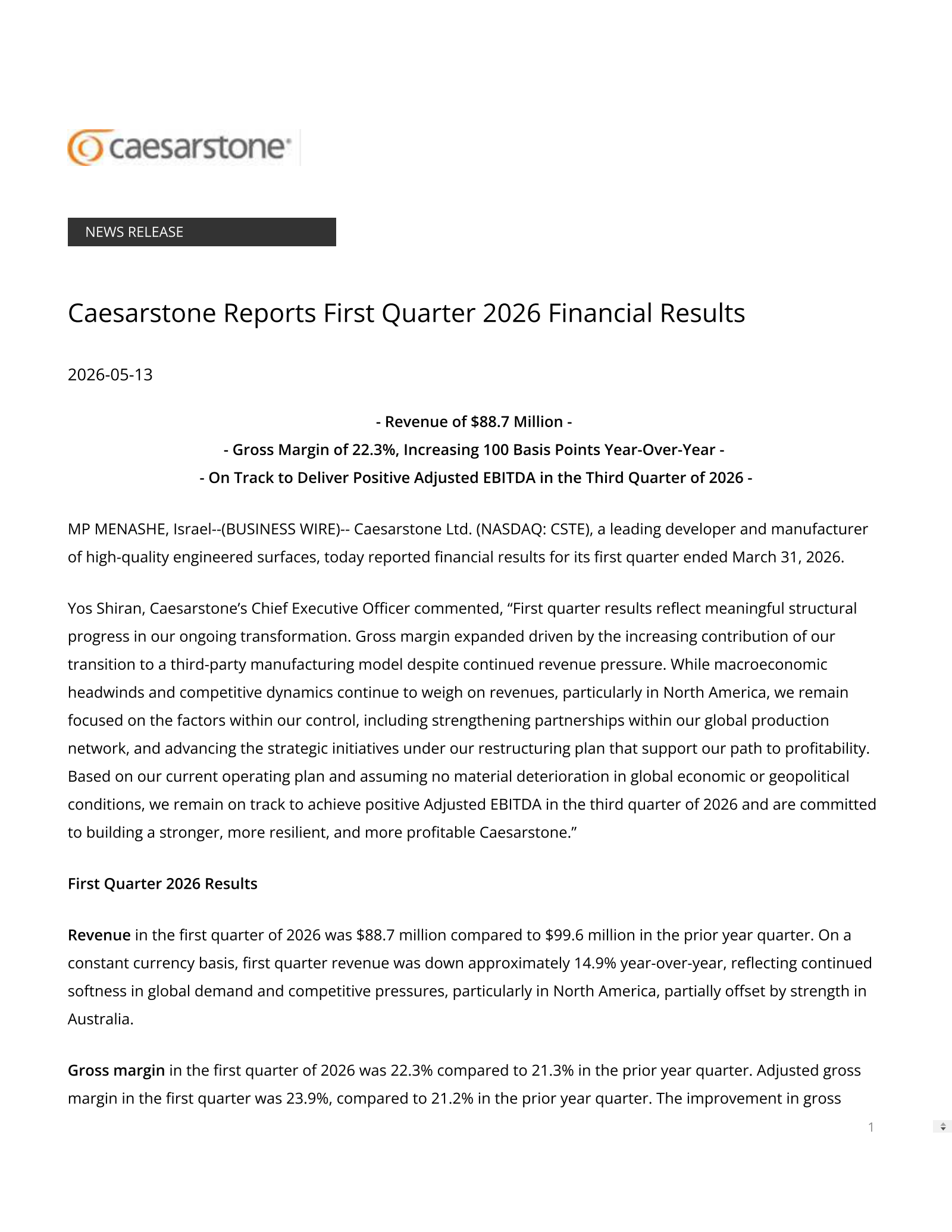 Caesarstone's Q1 2026 Press Release