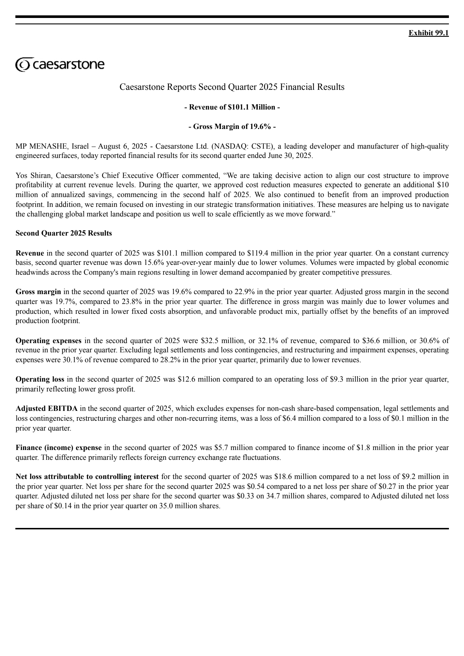 Caesarstone's Q2 2025 Press Release