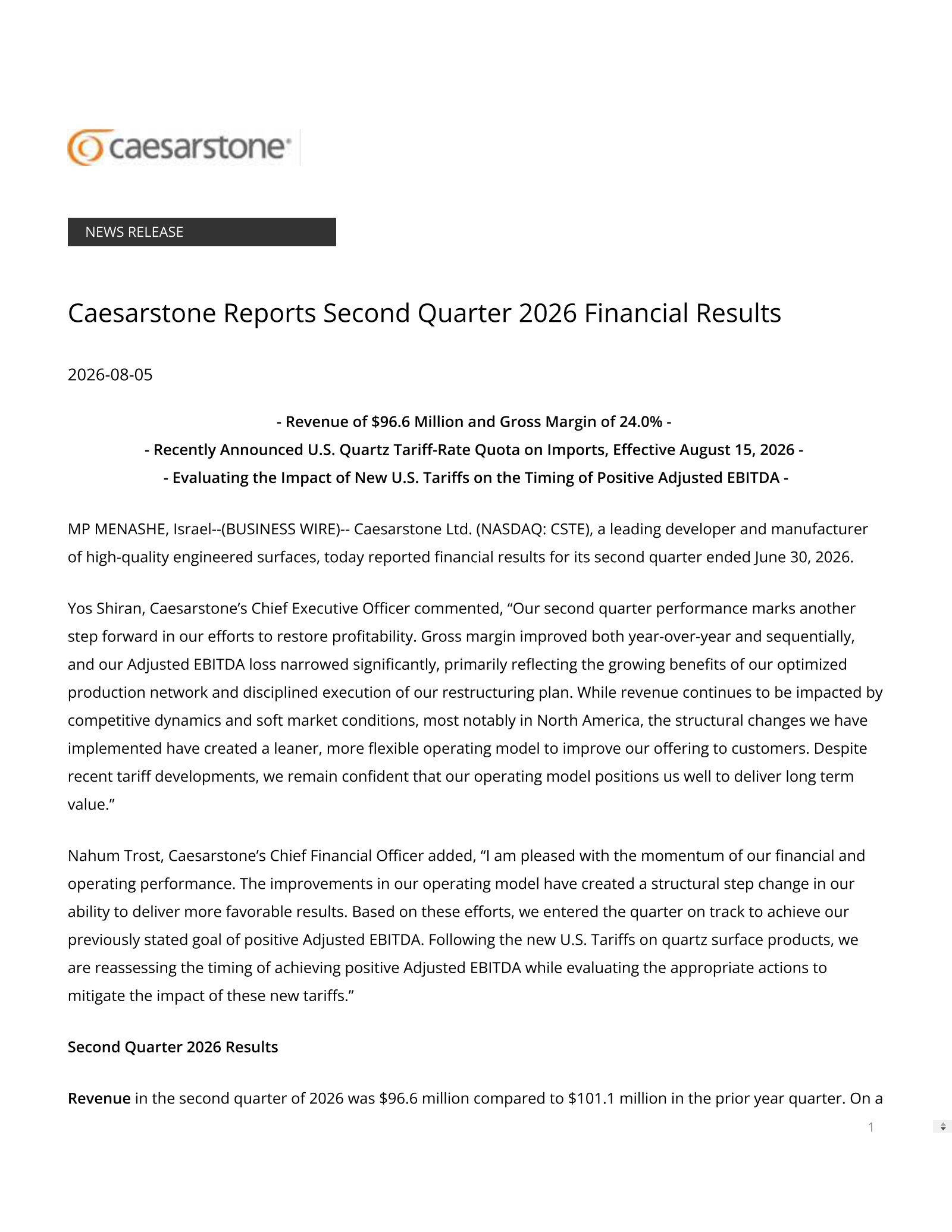 Caesarstone's Q2 2026 Press Release