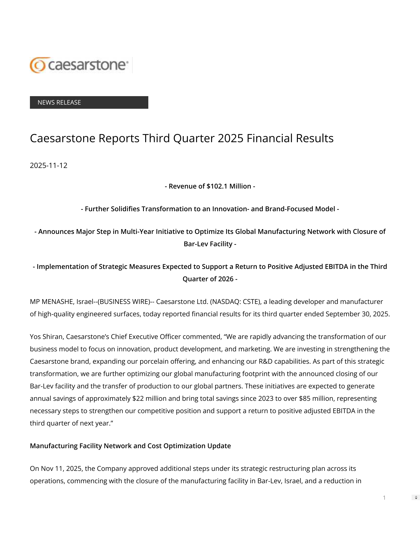 Caesarstone's Q3 2025 Earnings Release