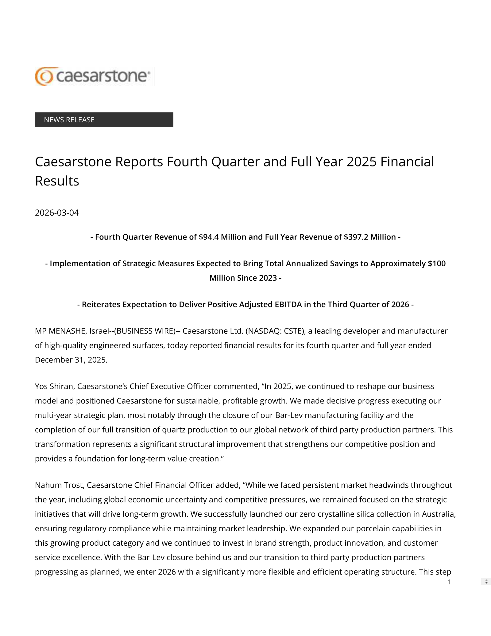 Caesarstone's Q4 2025 Press Release