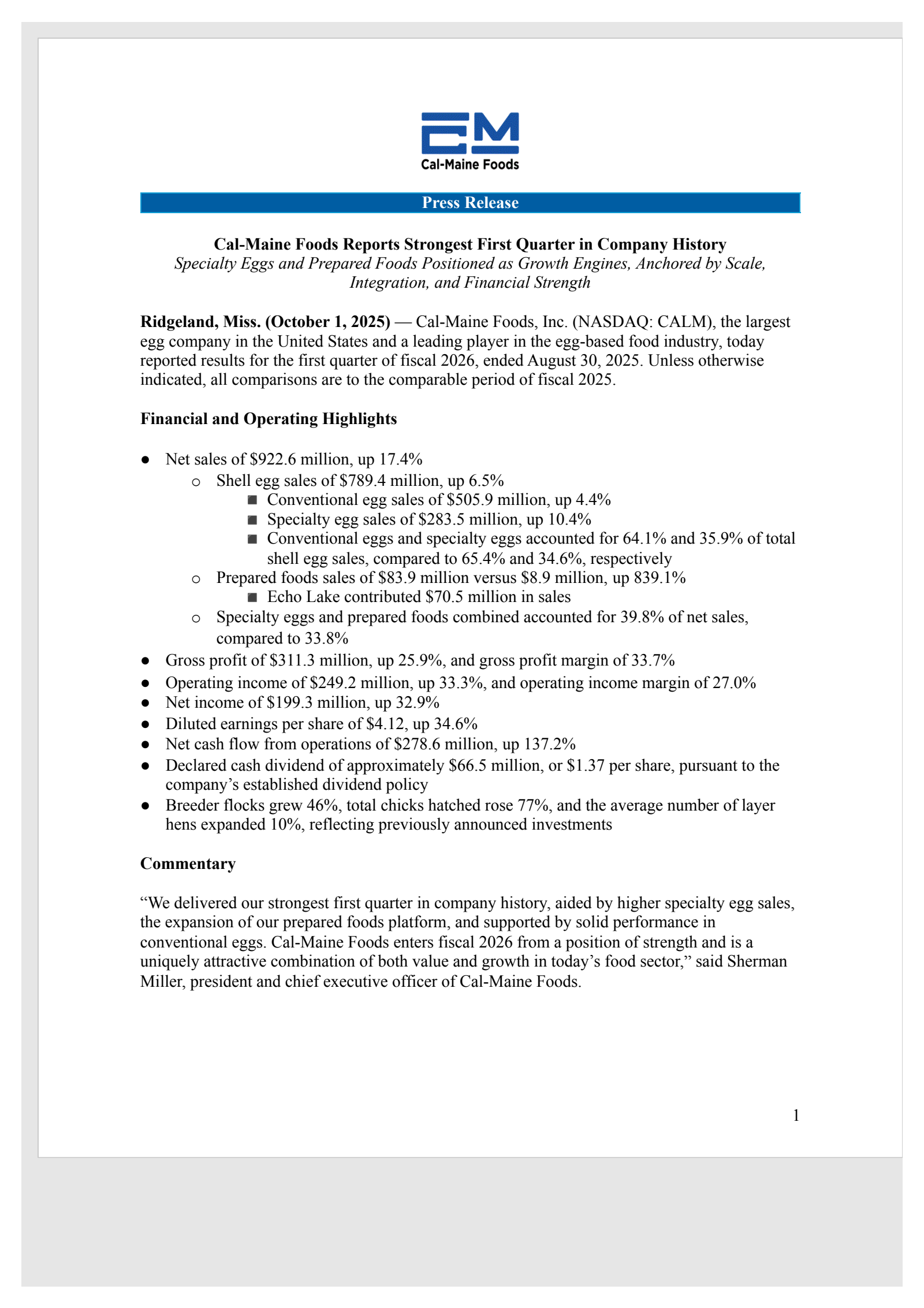 Cal-Maine Foods' Q1 2026 Earnings Release