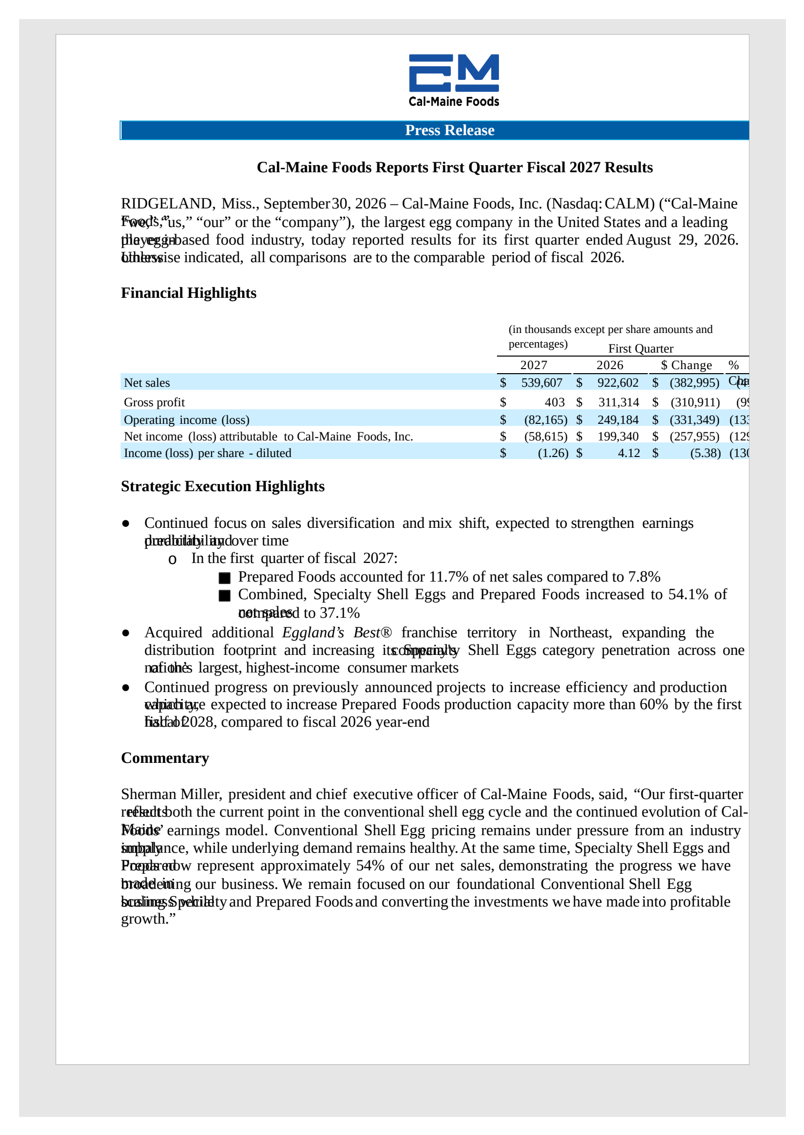 Cal-Maine Foods' Q1 2027 Press Release