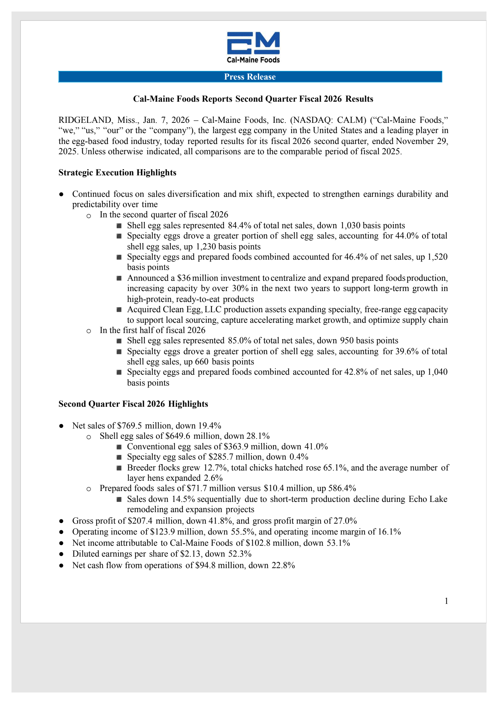 Cal-Maine Foods' Q2 2026 Earnings Release