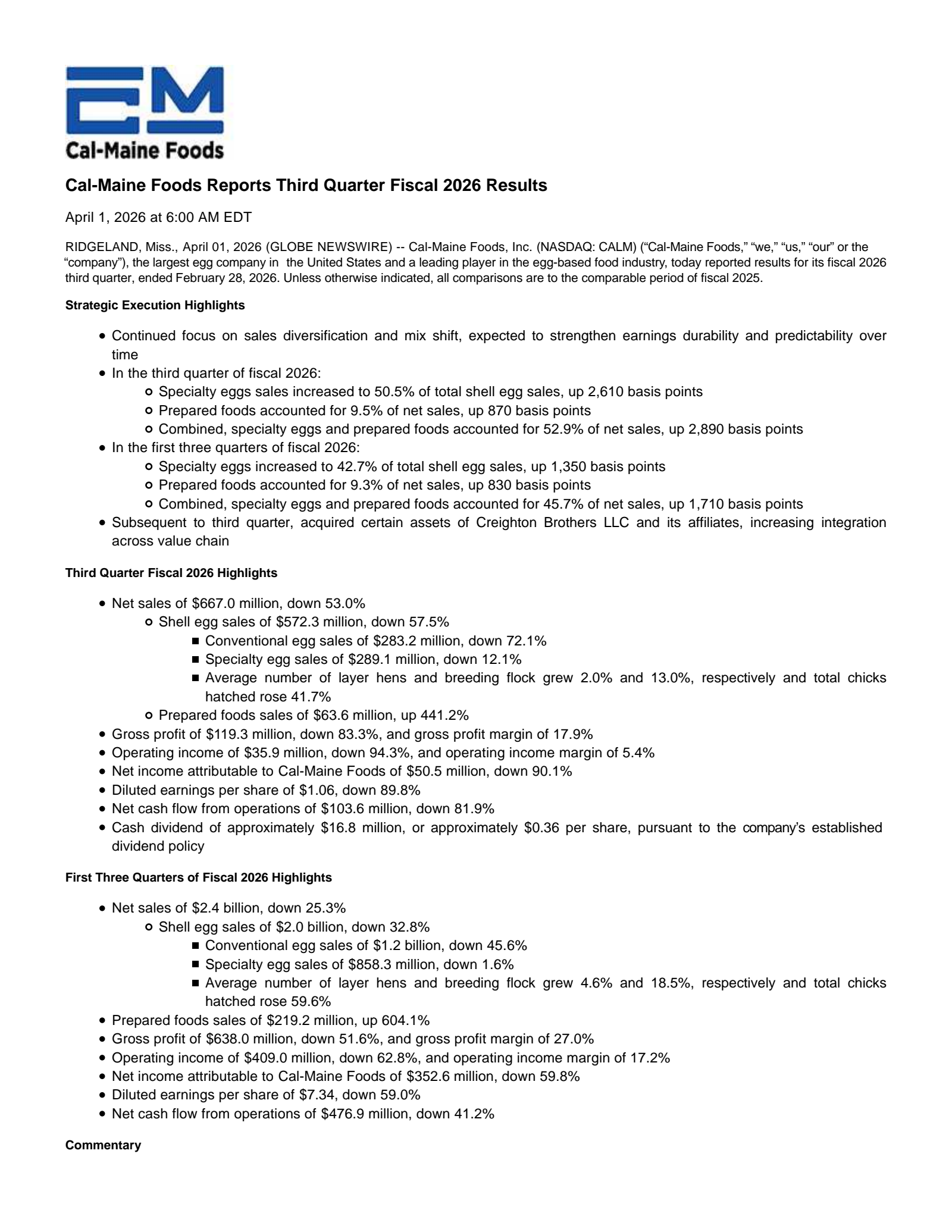 Cal-Maine Foods' Q3 2026 Press Release