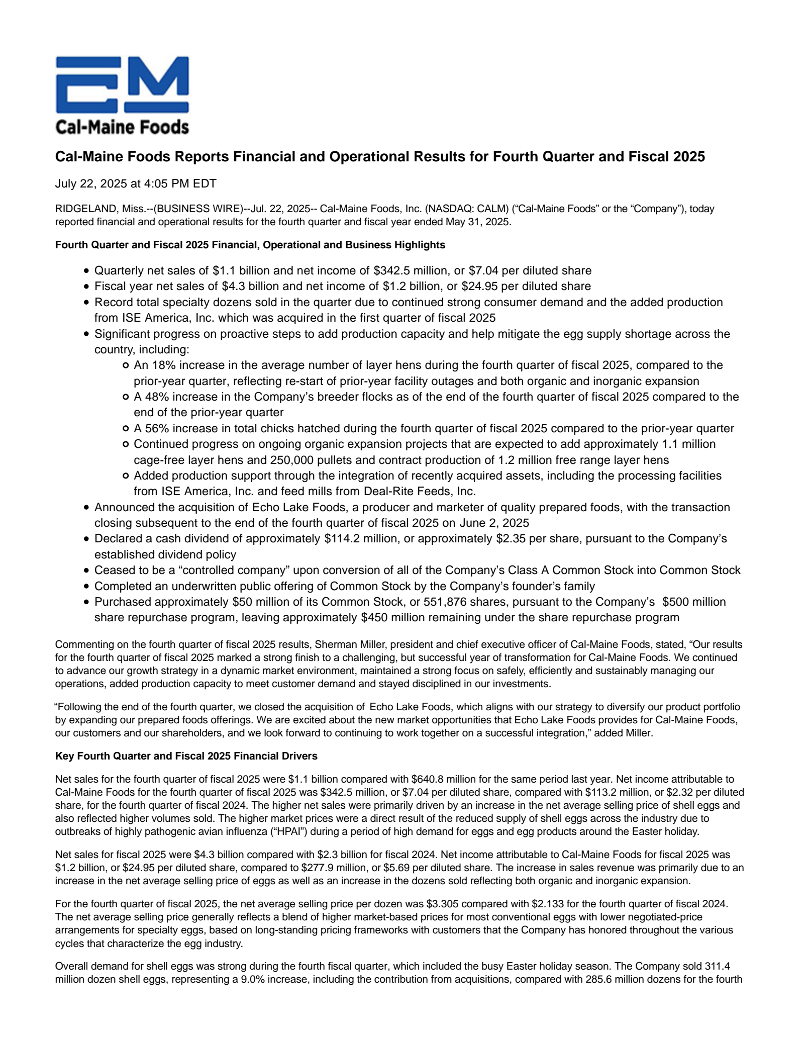 Cal-Maine Foods' Q4 2025 Press Release