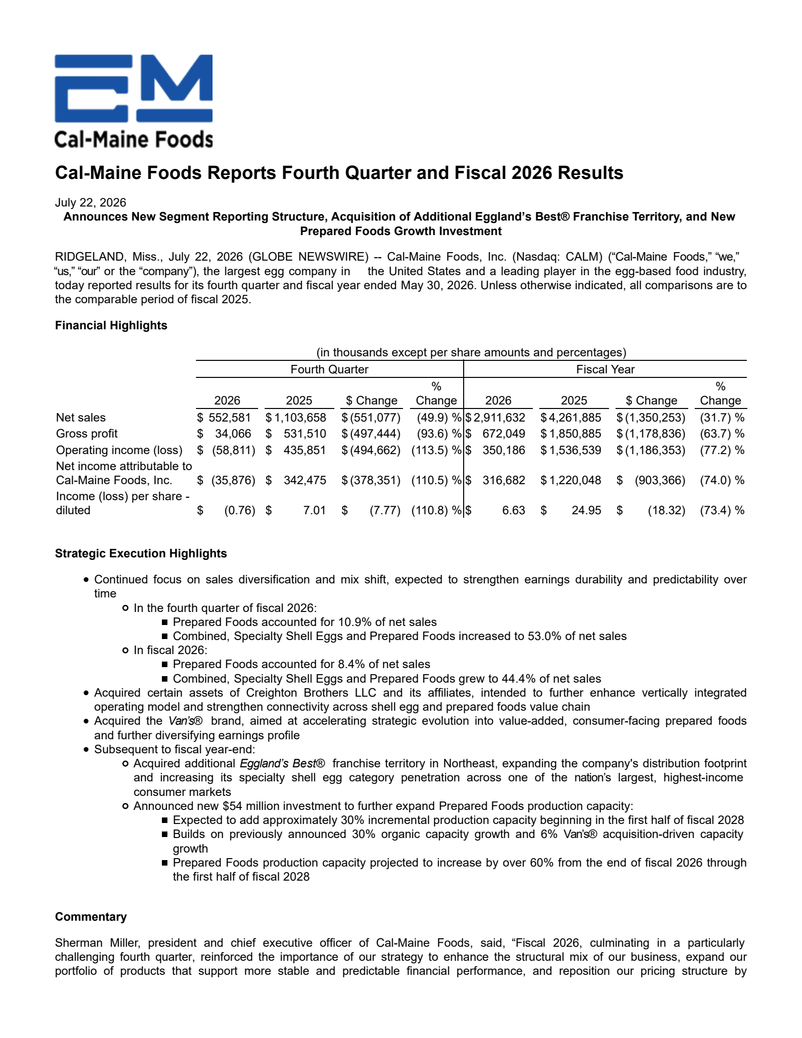 Cal-Maine Foods' Q4 2026 Press Release