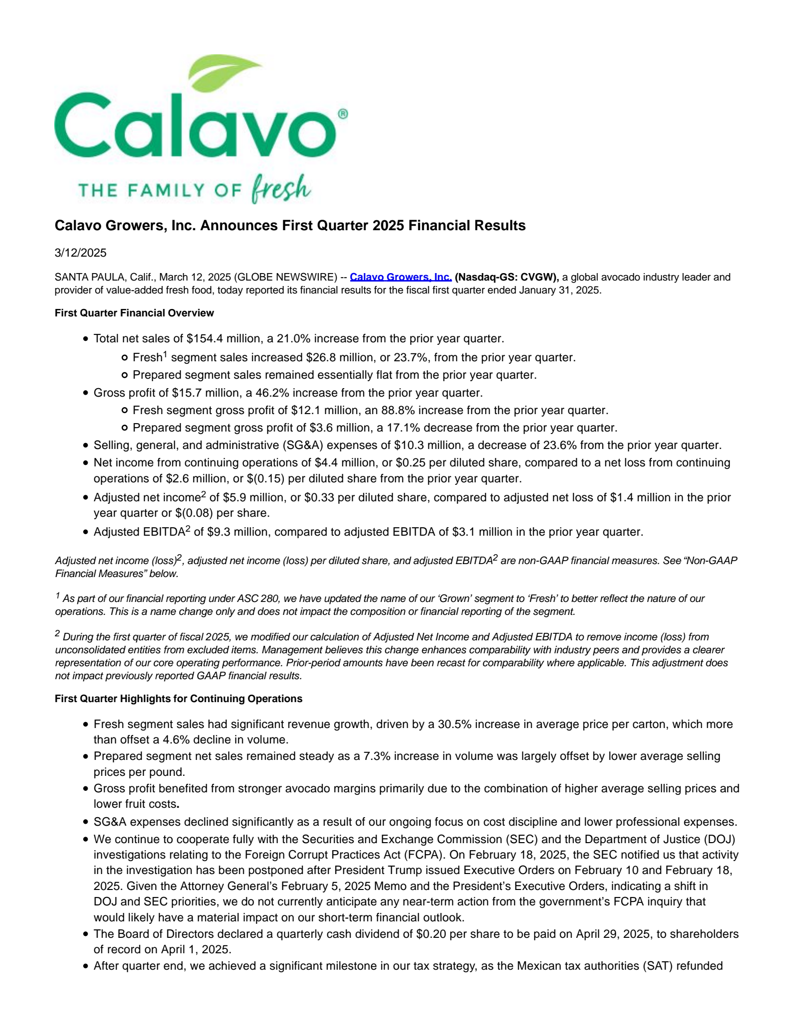Calavo Growers' Q1 2025 Press Release