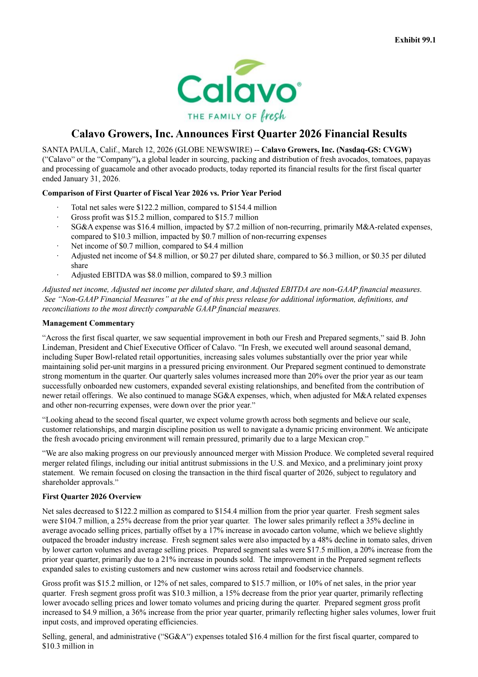 Calavo Growers' Q1 2026 Press Release