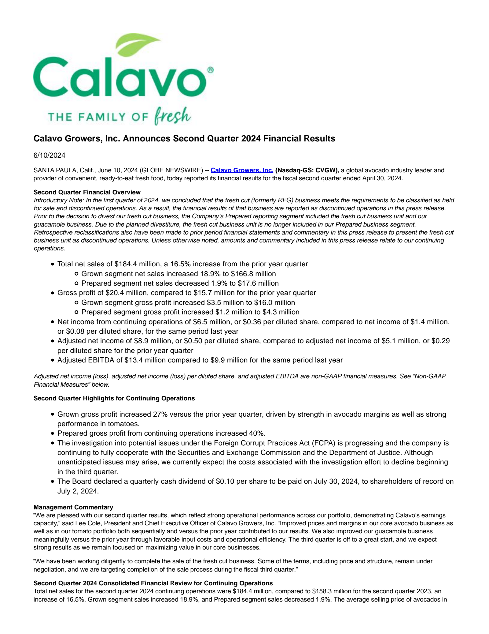 Calavo Growers' Q2 2024 Press Release