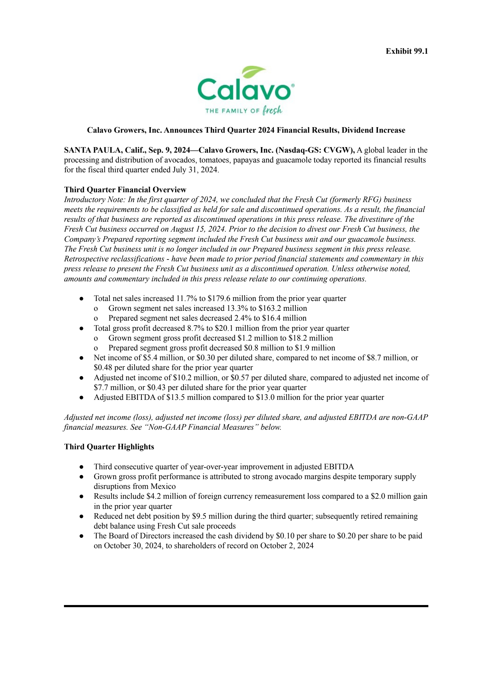 Calavo Growers' Q3 2024 Press Release