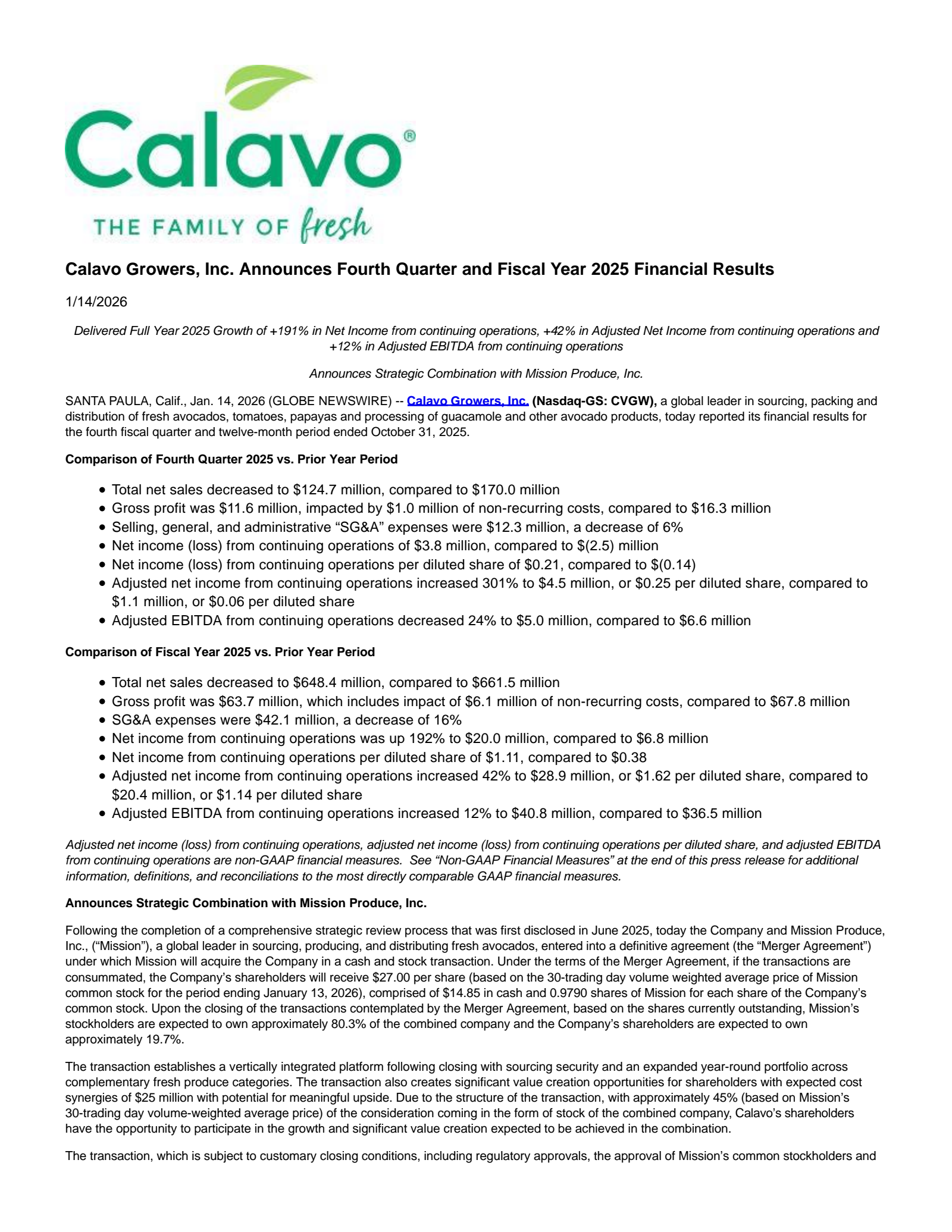 Calavo Growers' Q4 2025 Press Release
