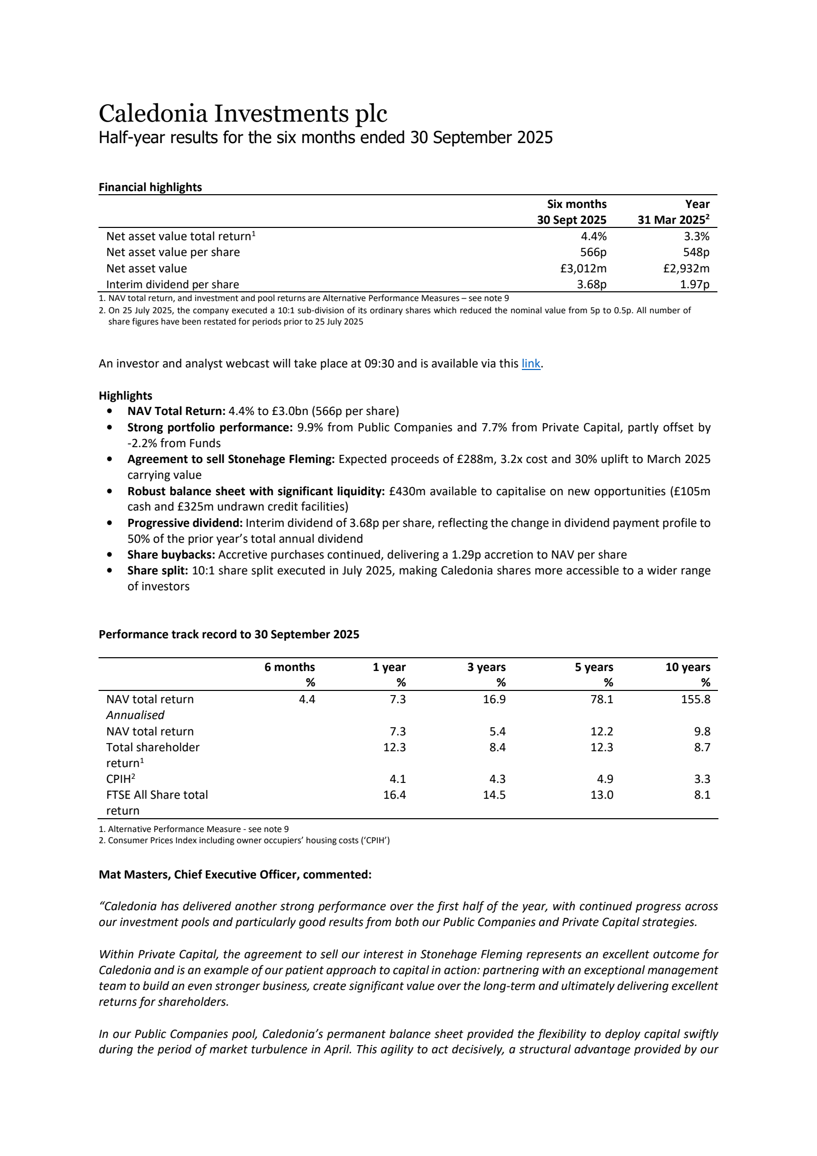 Caledonia Investments' H1 2026 Interim Report