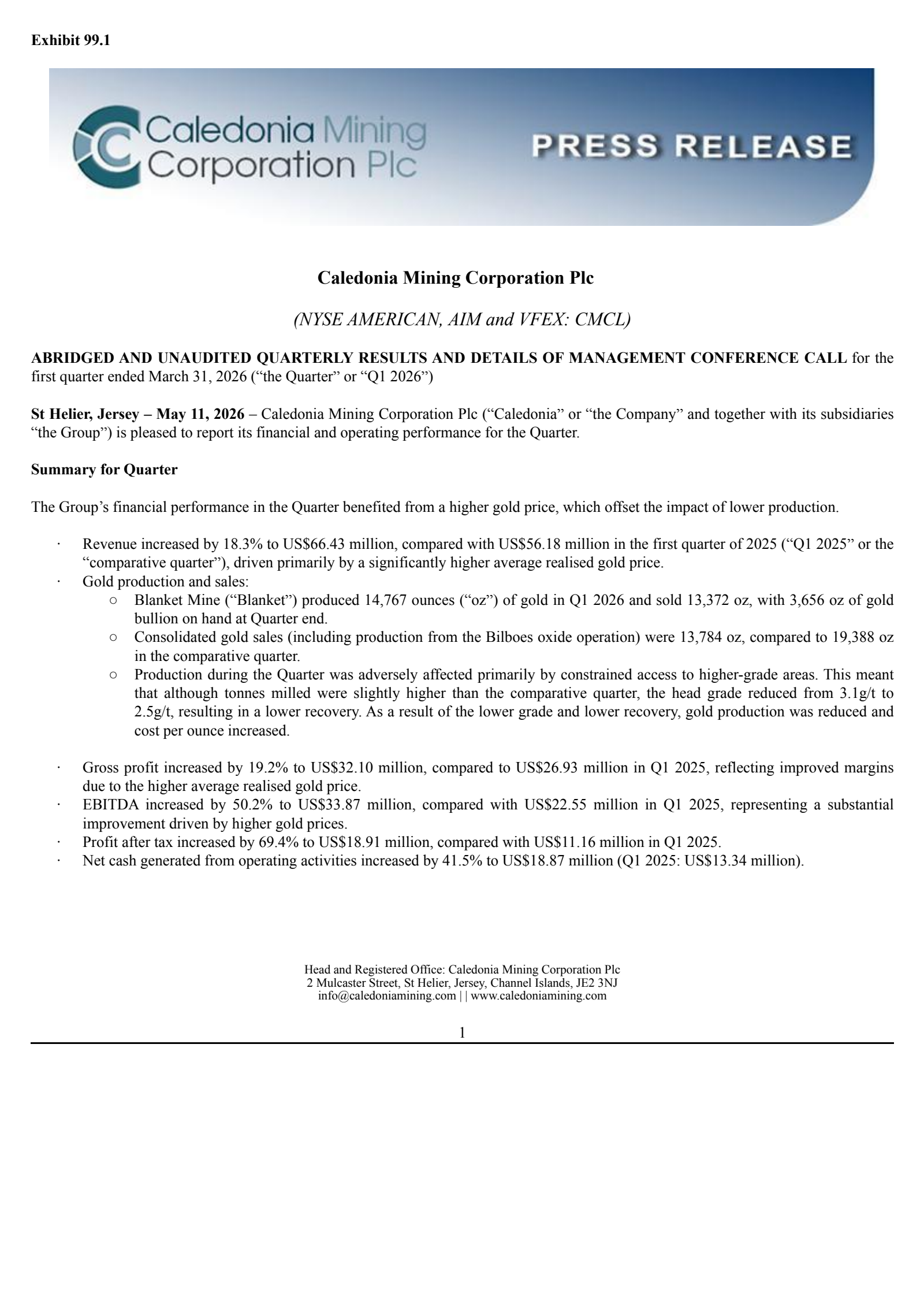 Caledonia Mining's Q1 2026 Press Release