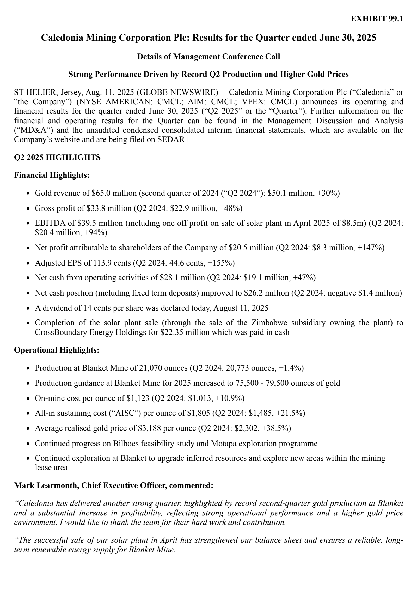 Caledonia Mining's Q2 2025 Press Release