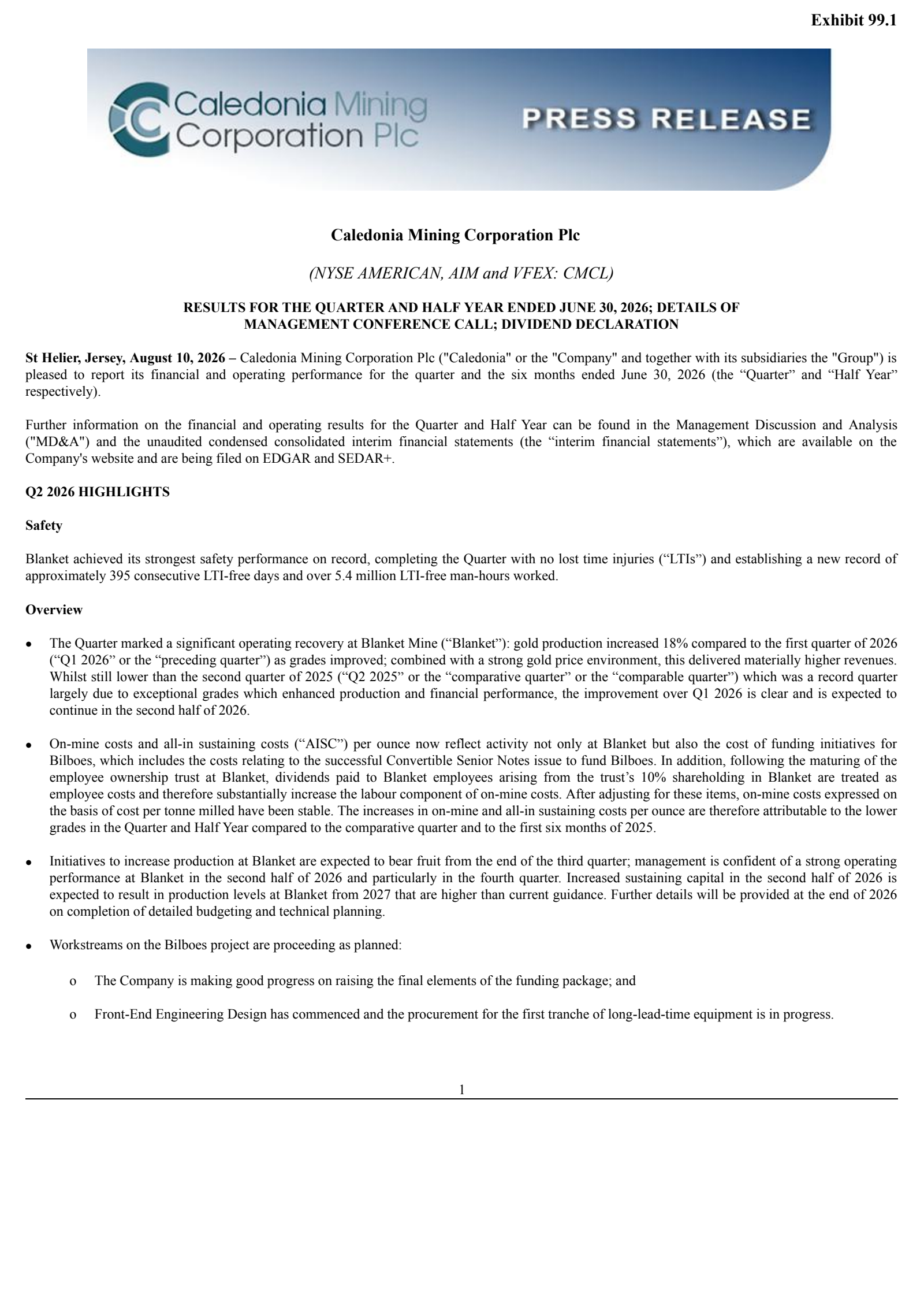 Caledonia Mining's Q2 2026 Press Release