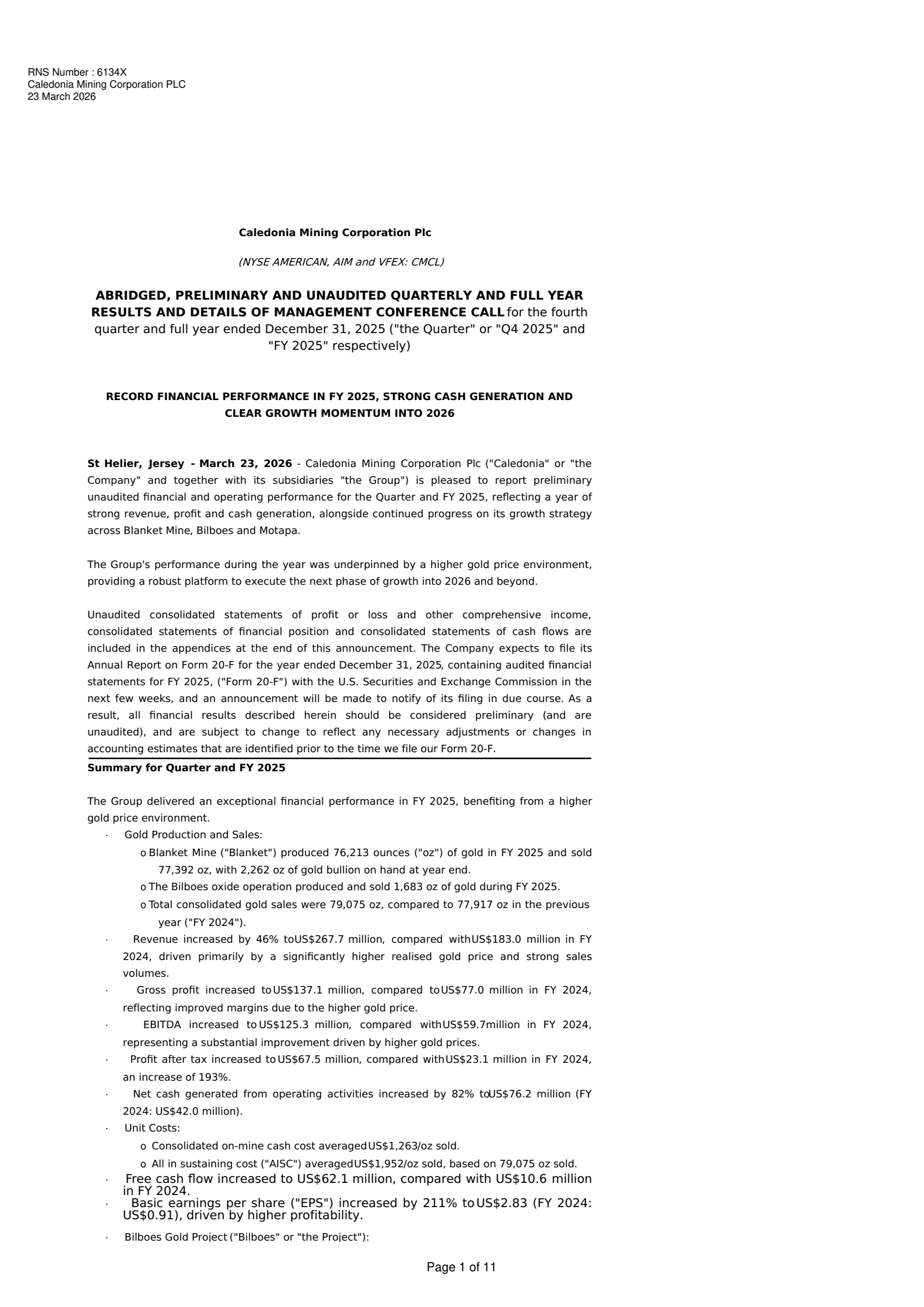Caledonia Mining's Q4 2025 Press Release
