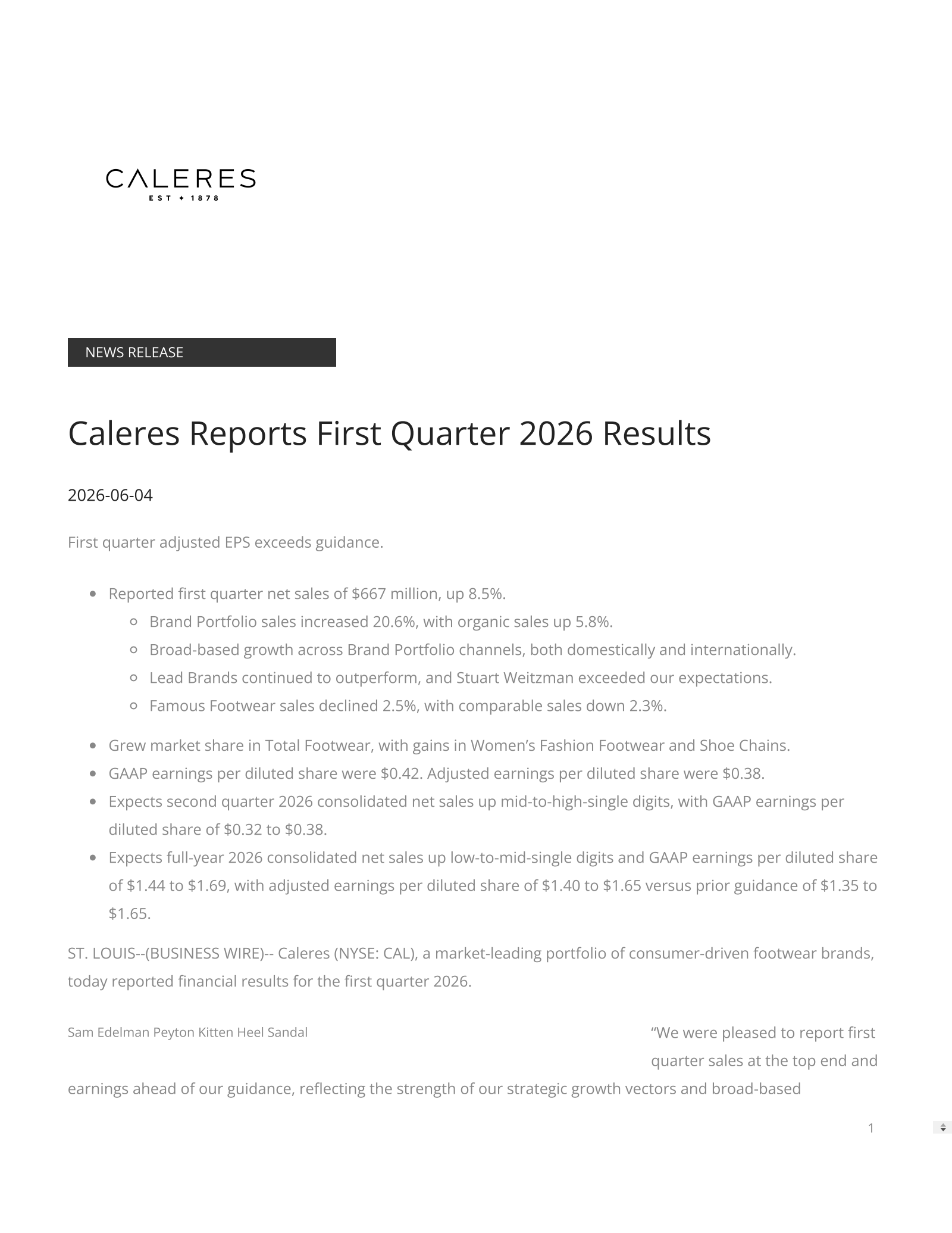Caleres' Q1 2027 Press Release