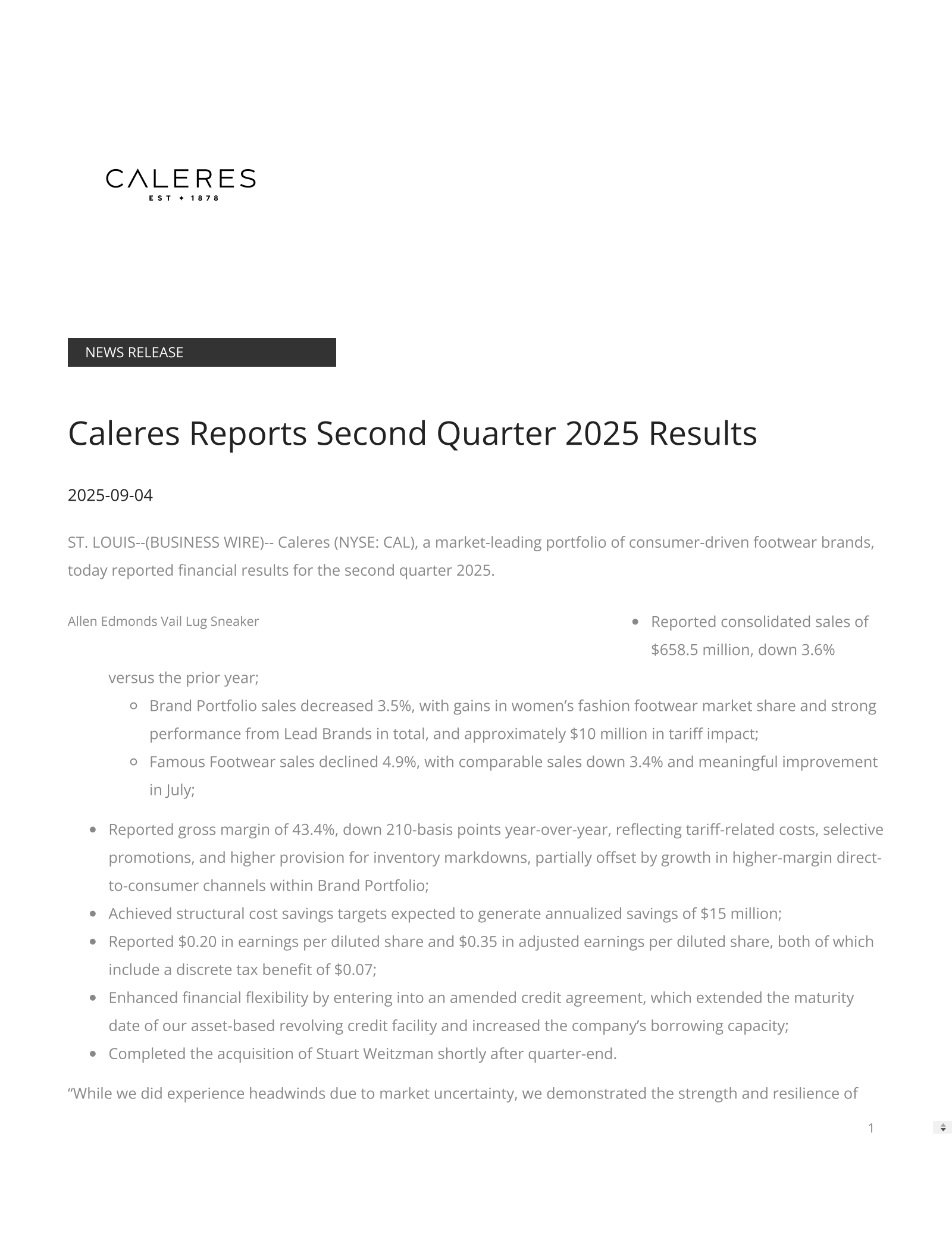 Caleres' Q2 2026 Press Release
