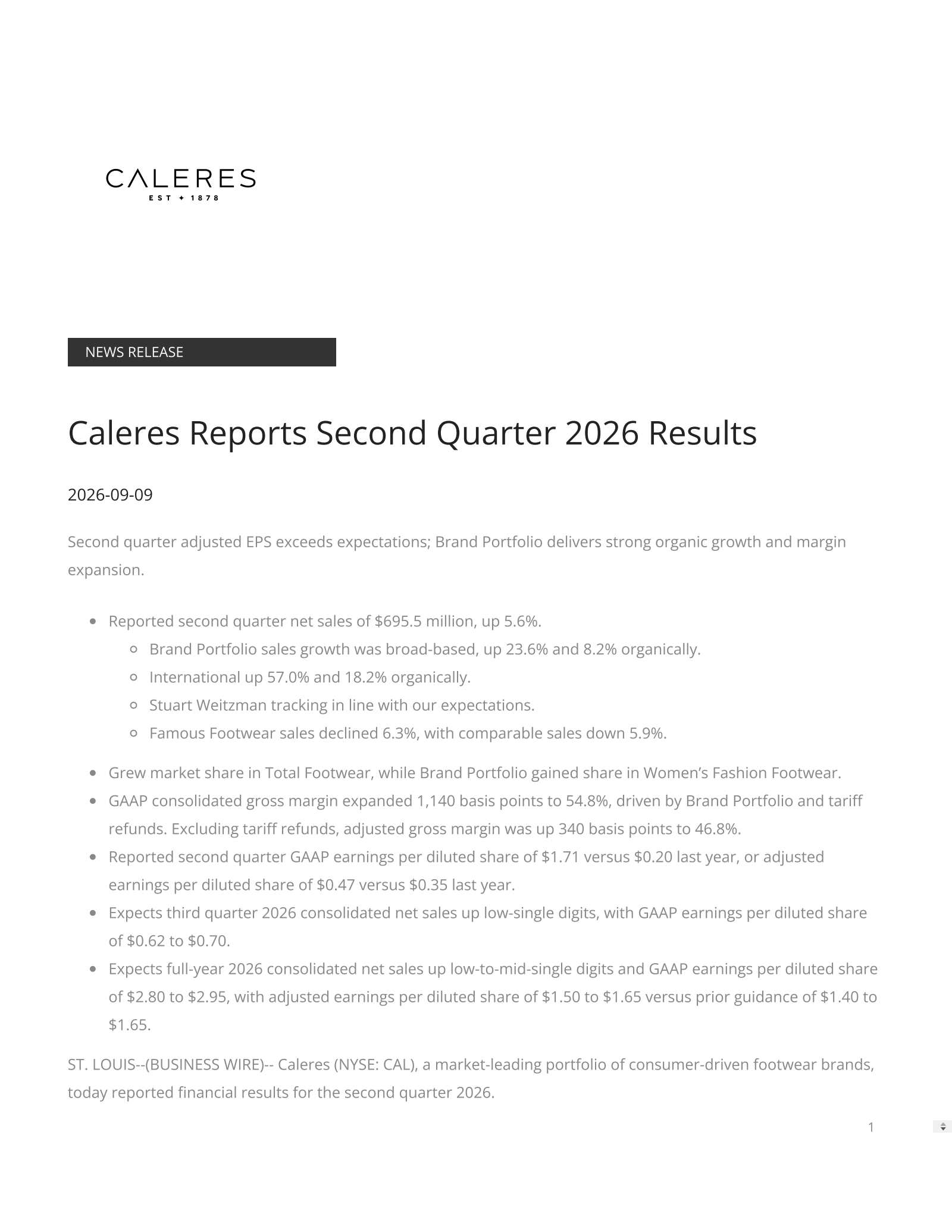 Caleres' Q2 2027 Press Release