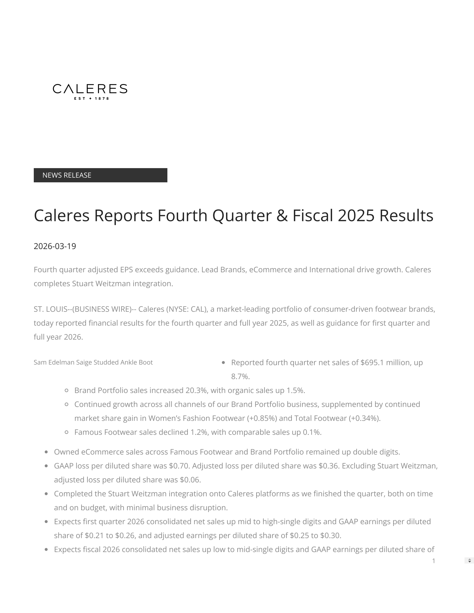 Caleres' Q4 2026 Press Release