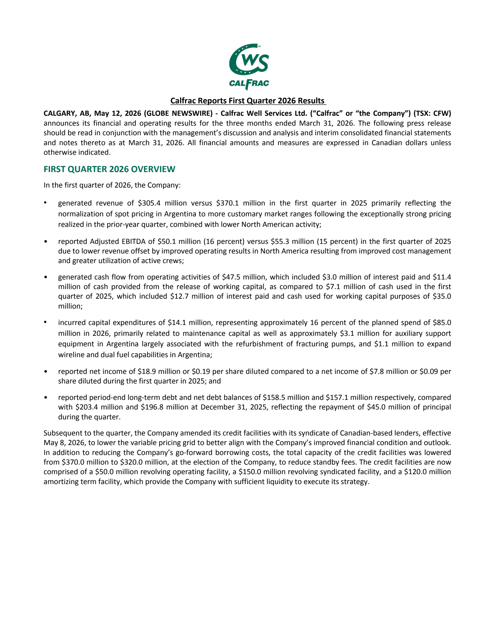Calfrac Well Services' Q1 2026 Press Release