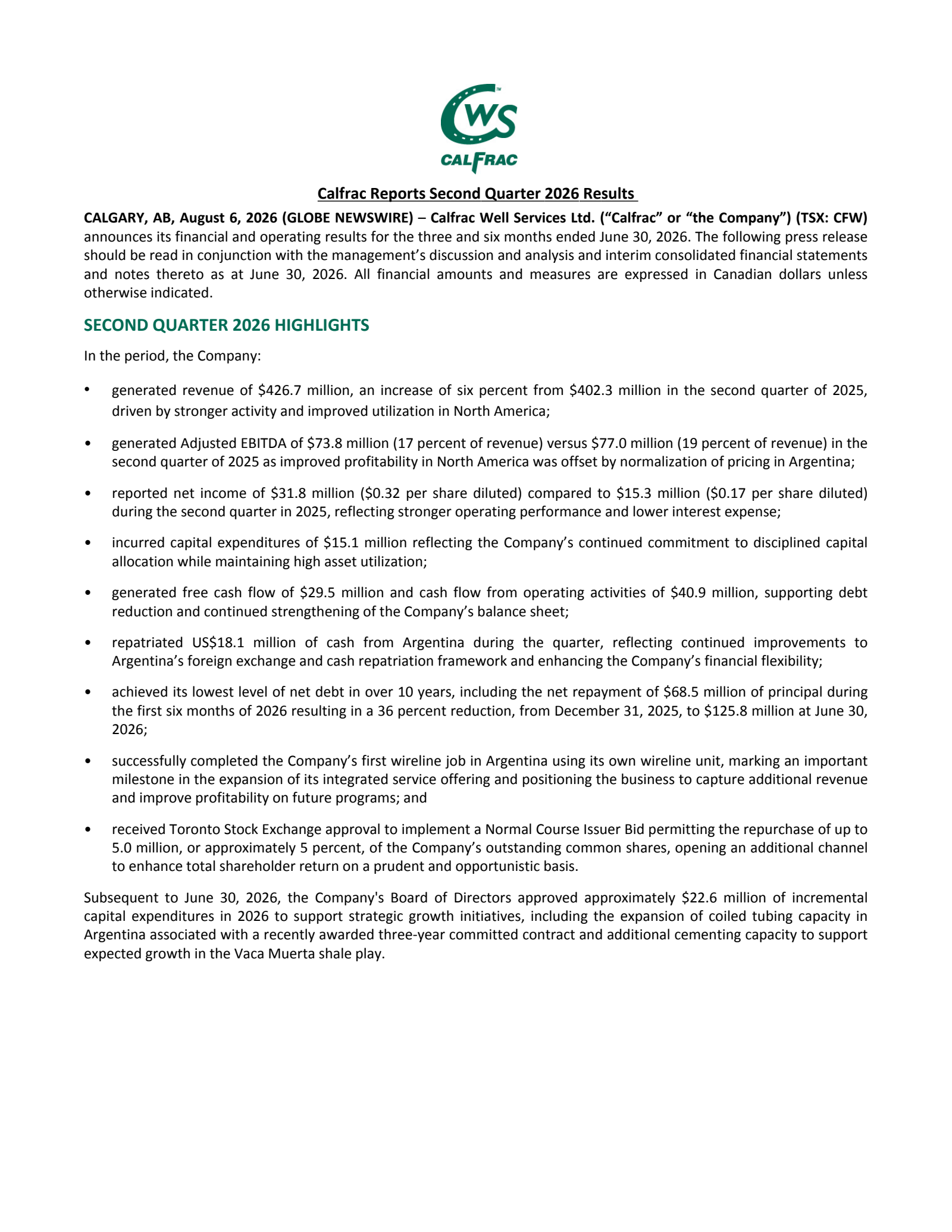 Calfrac Well Services' Q2 2026 Press Release
