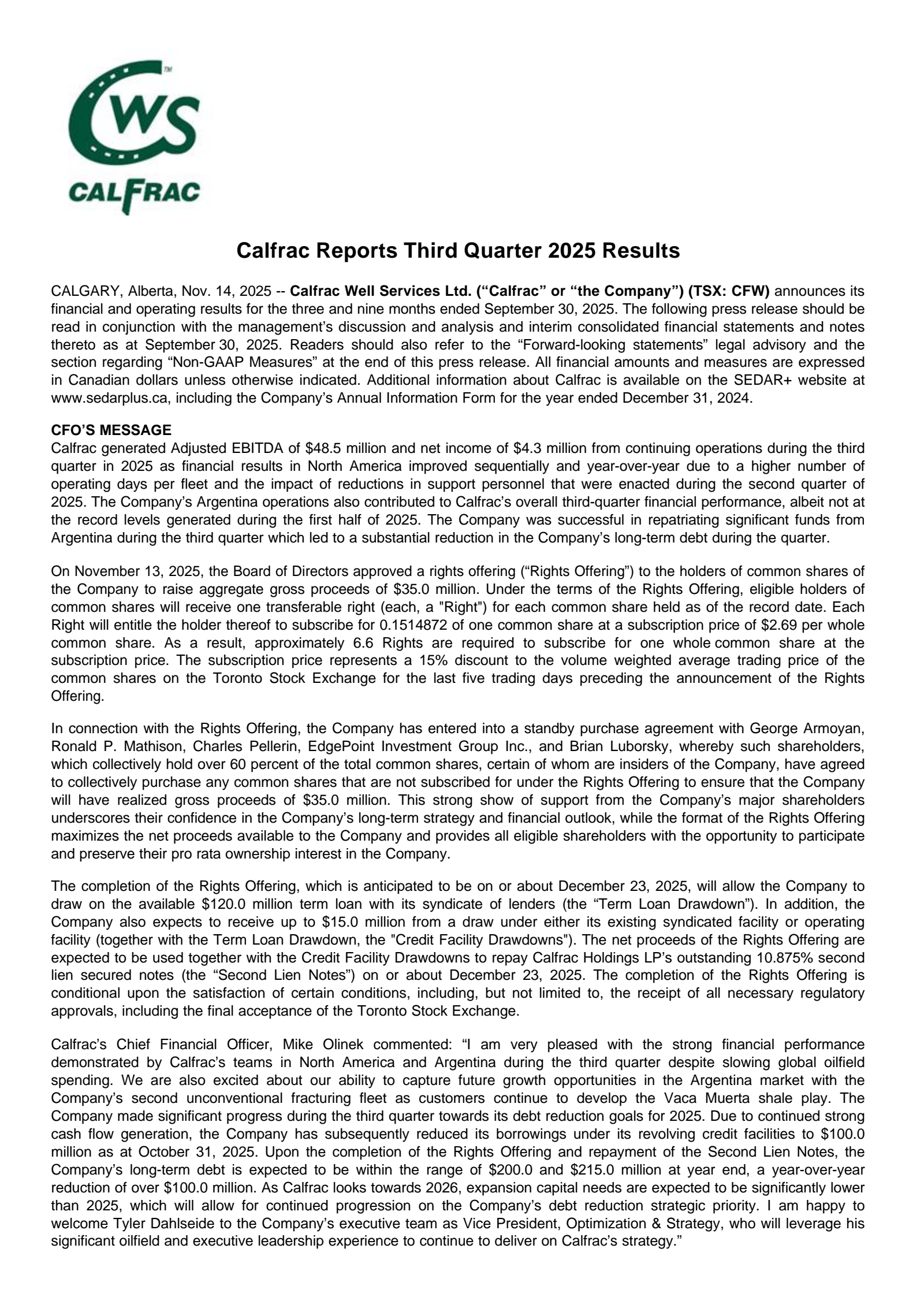 Calfrac Well Services' Q3 2025 Earnings Release