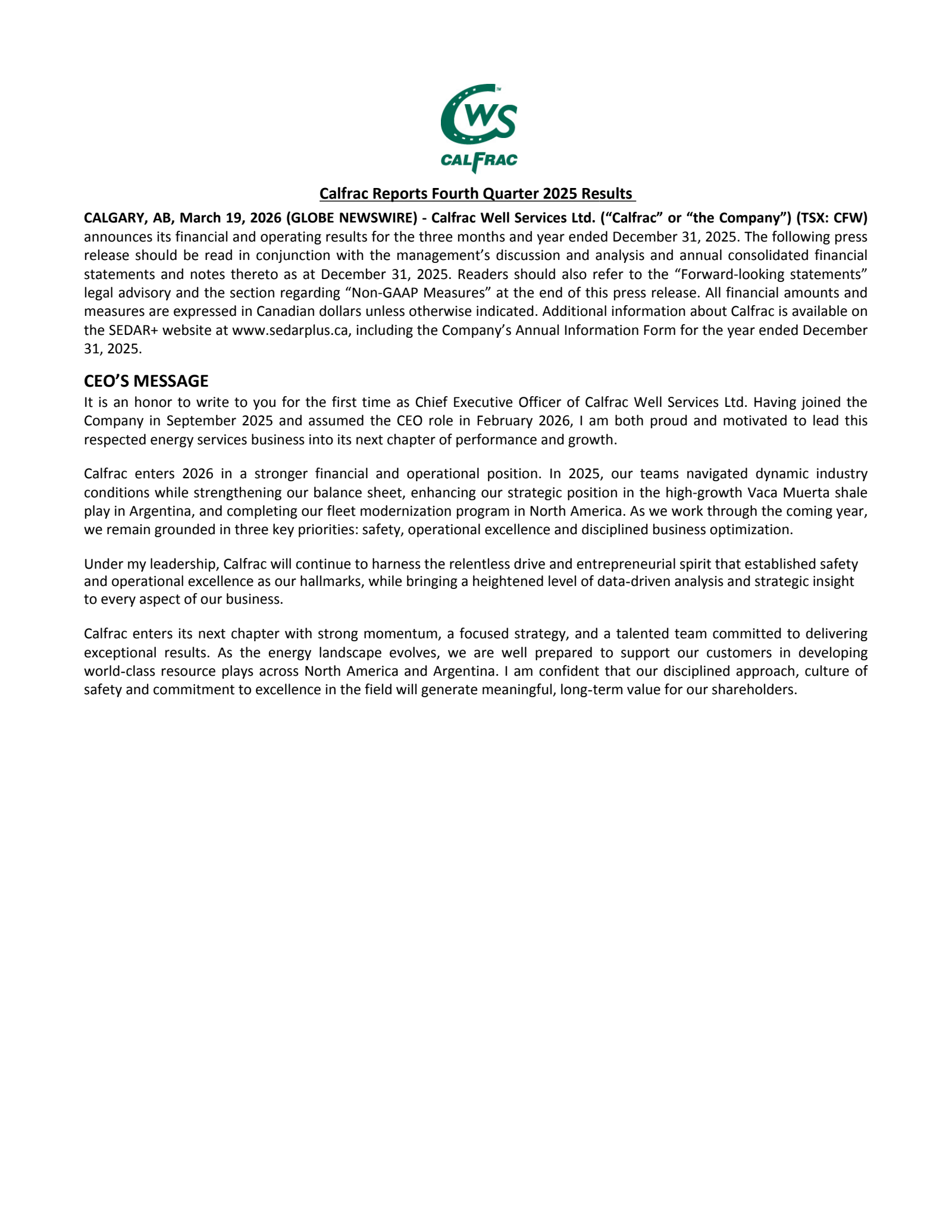 Calfrac Well Services' Q4 2025 Press Release