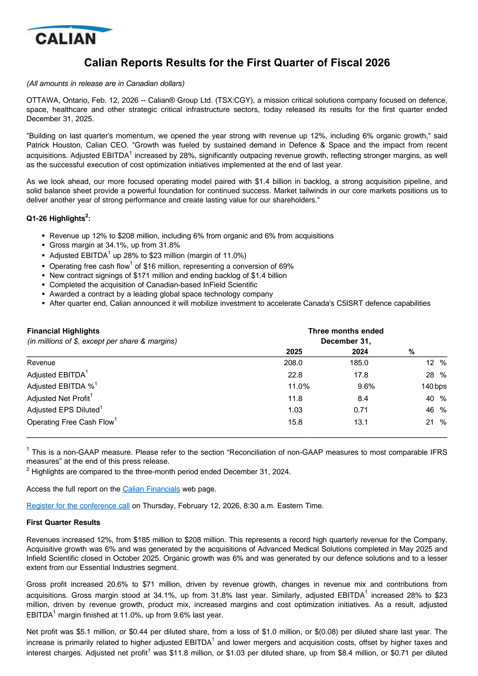 Calian Group's Q1 2026 Press Release