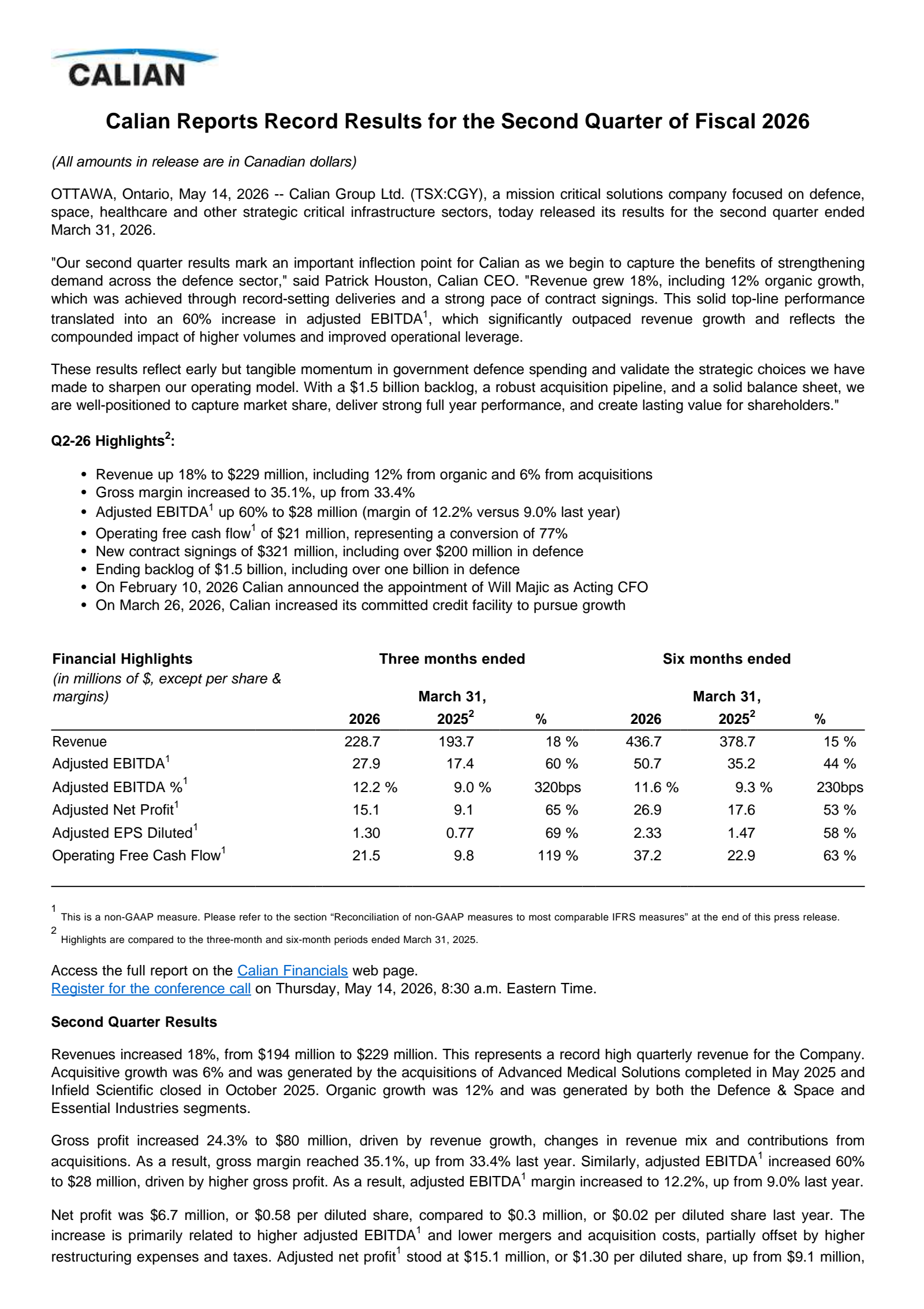 Calian Group's Q2 2026 Press Release