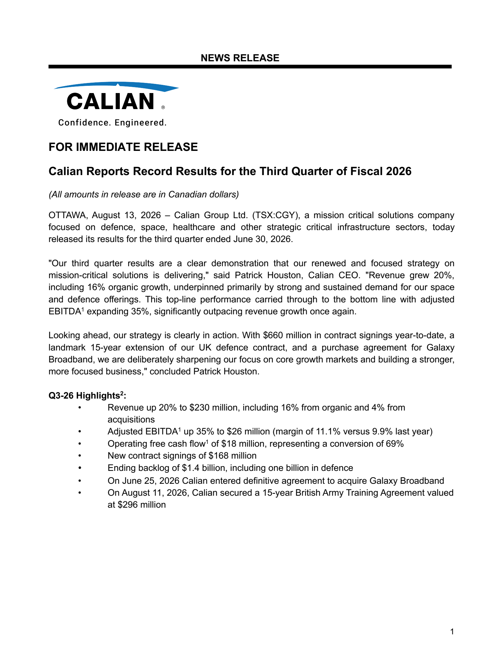 Calian Group's Q3 2026 Press Release