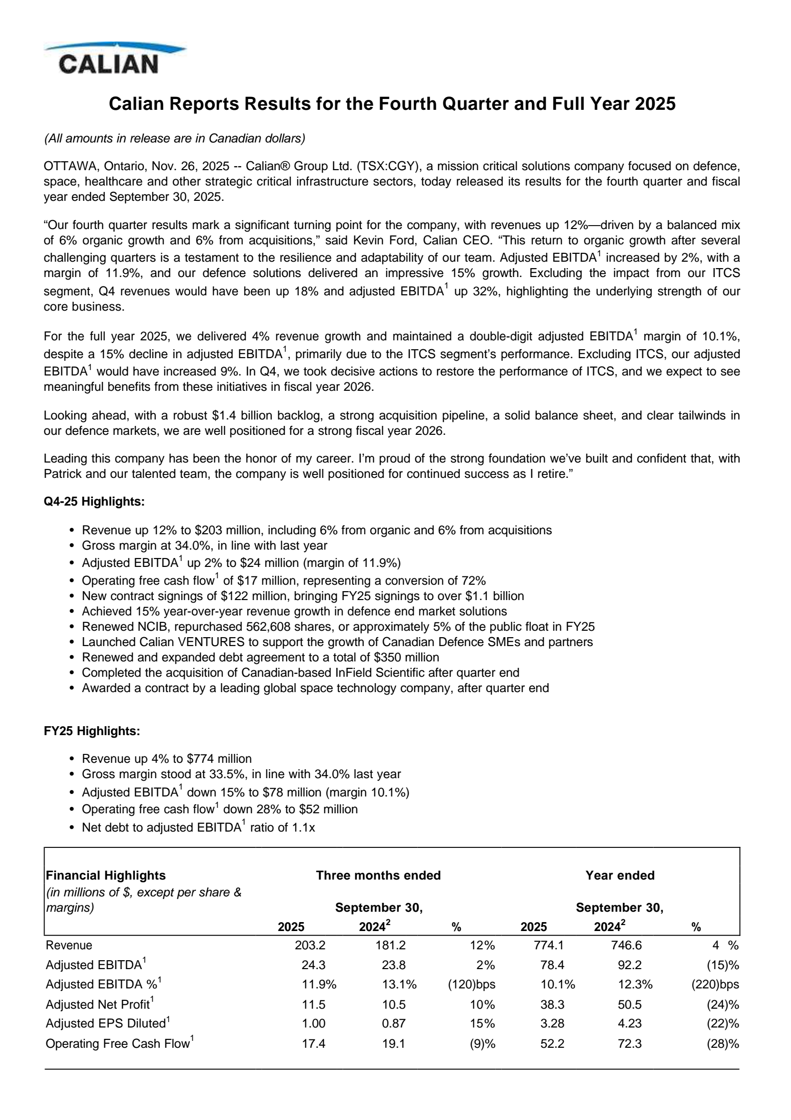 Calian Group's Q4 2025 Earnings Release