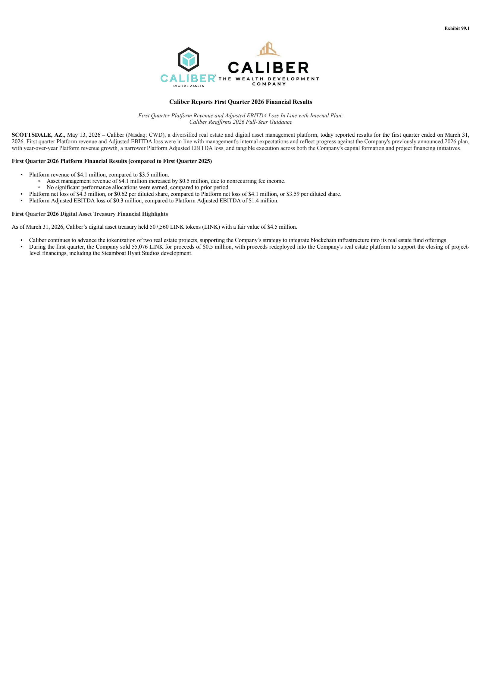 CaliberCos' Q1 2026 Press Release