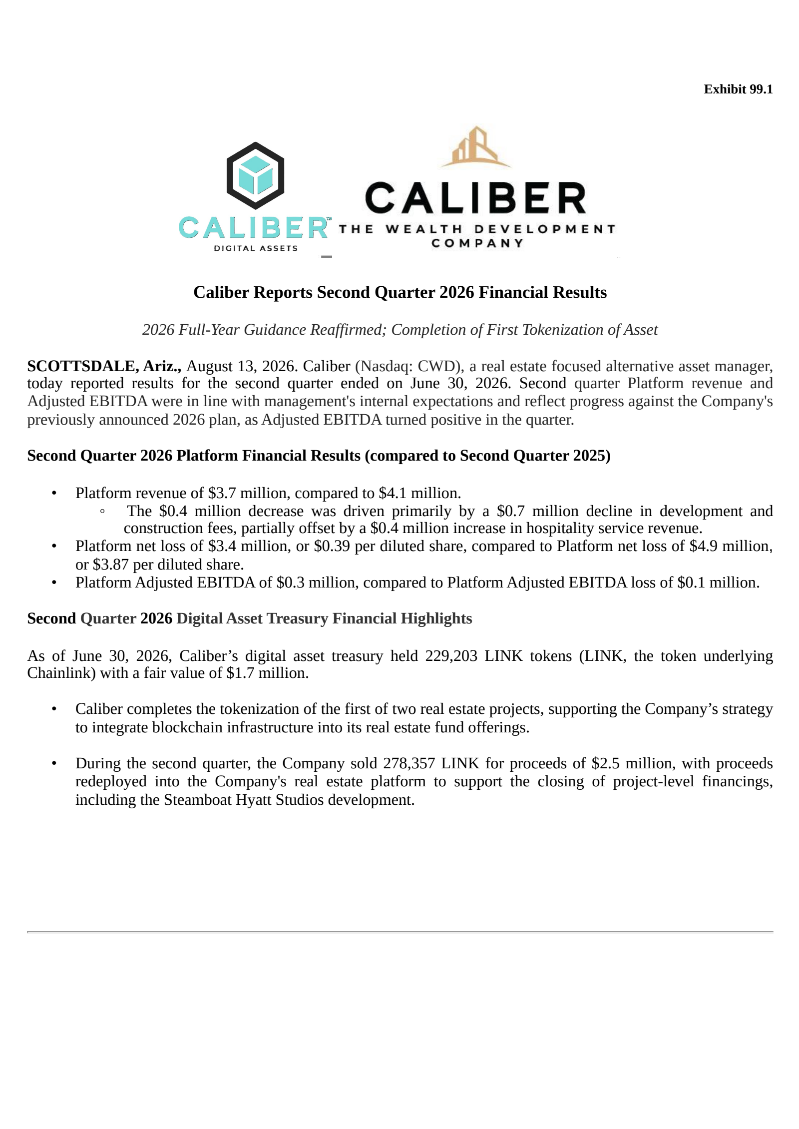 CaliberCos' Q2 2026 Press Release