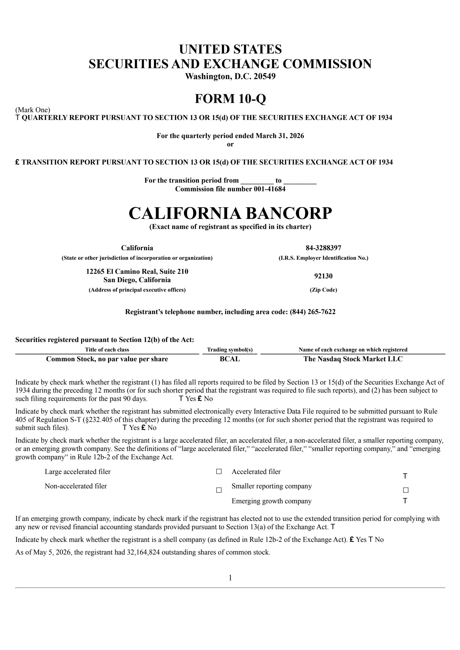 California BanCorp's Q1 2026 Quarterly report