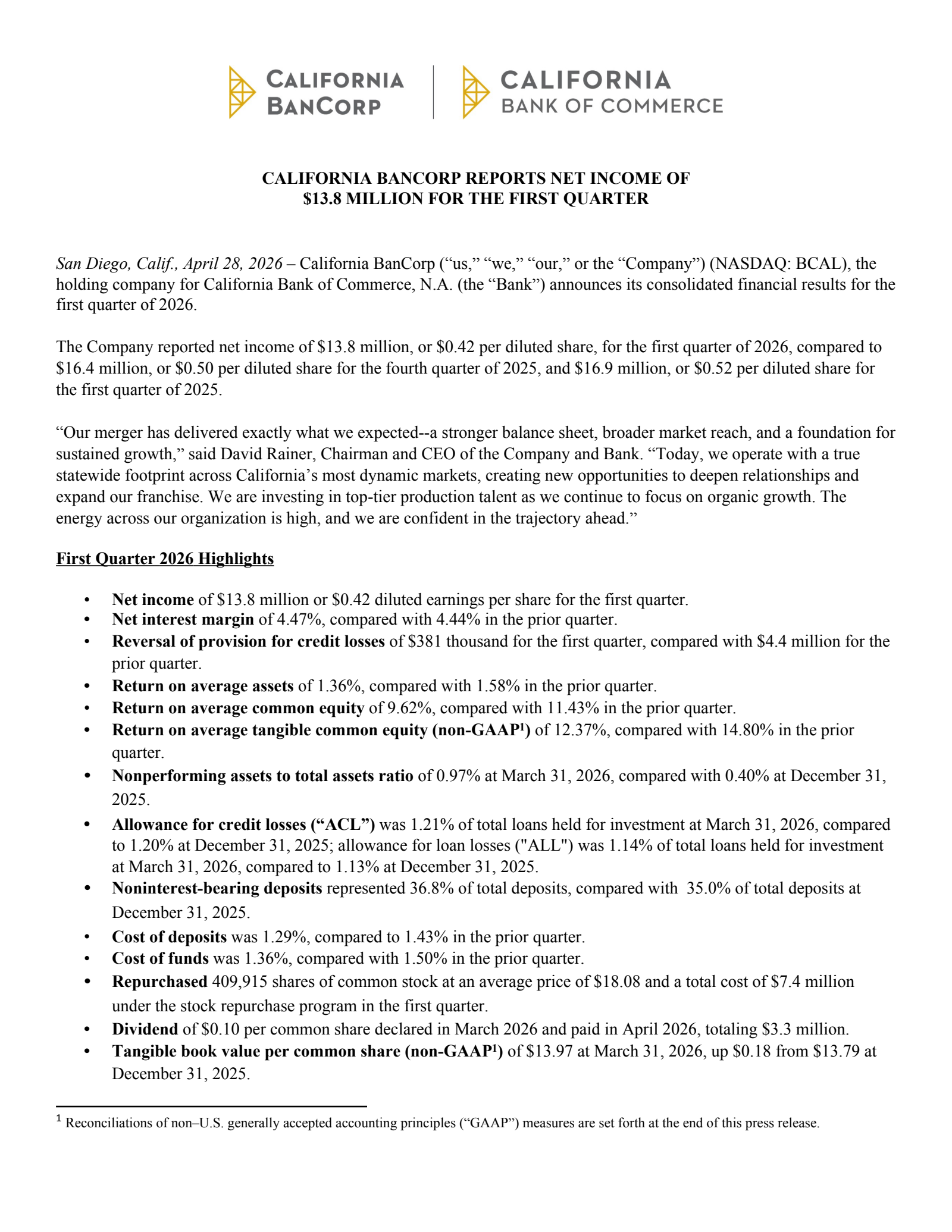 California BanCorp's Q1 2026 Press Release