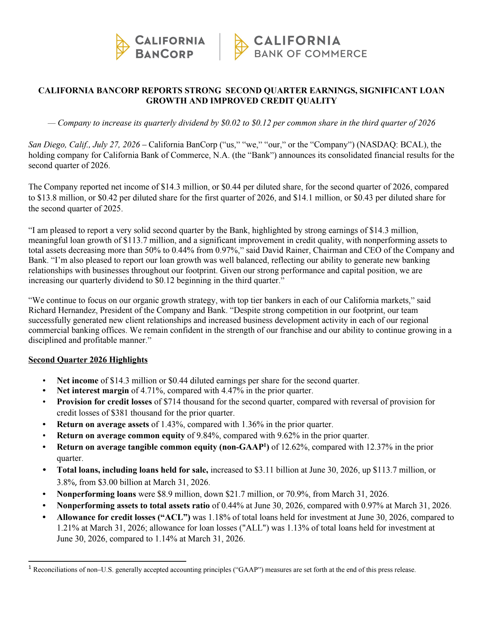 California BanCorp's Q2 2026 Press Release