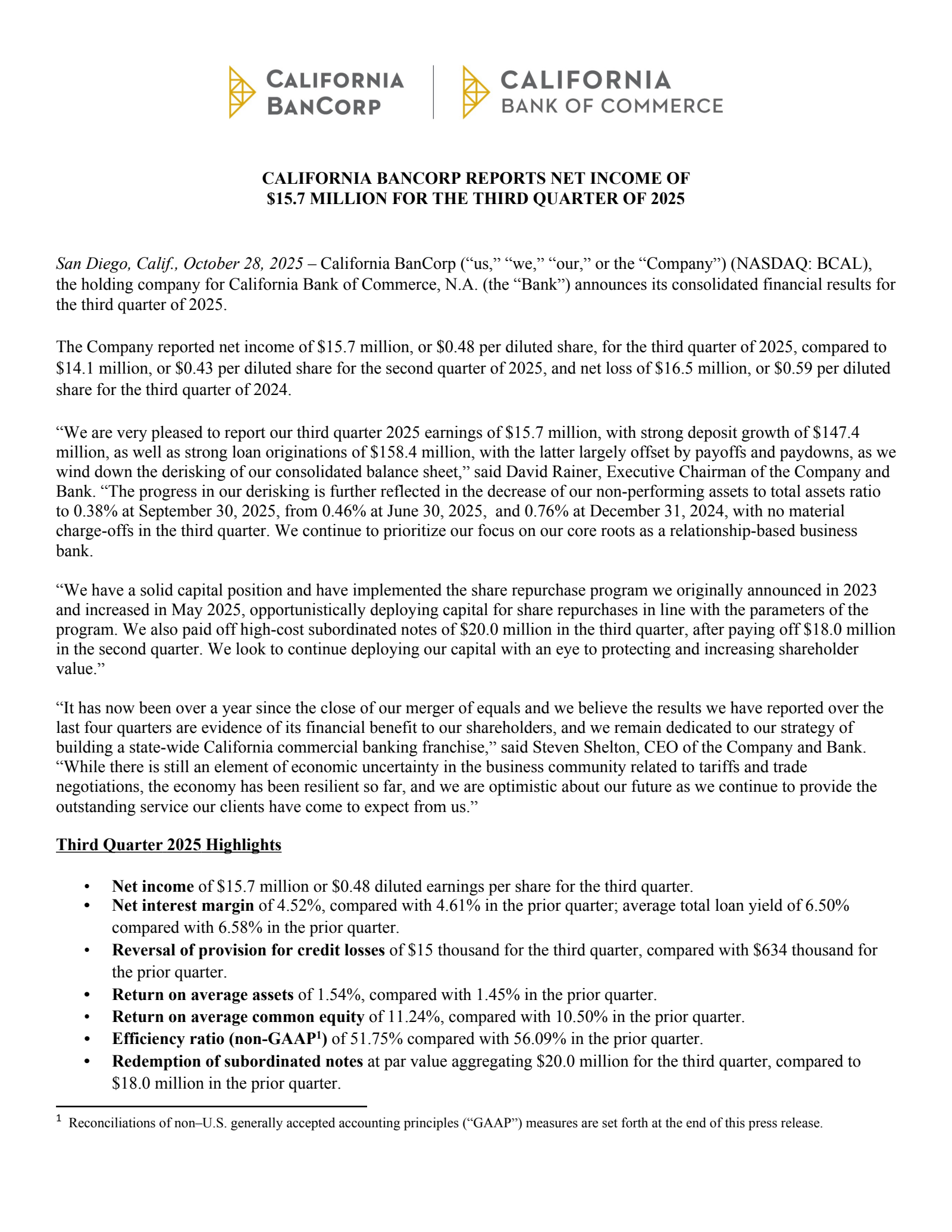 California BanCorp's Q3 2025 Press Release