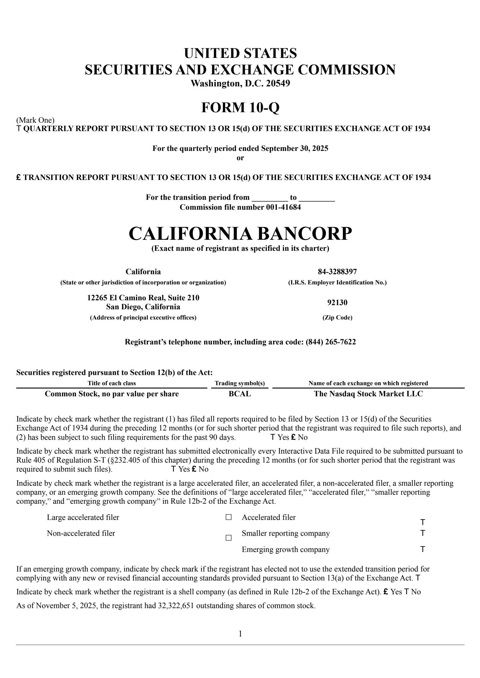 California BanCorp's Q3 2025 Quarterly report