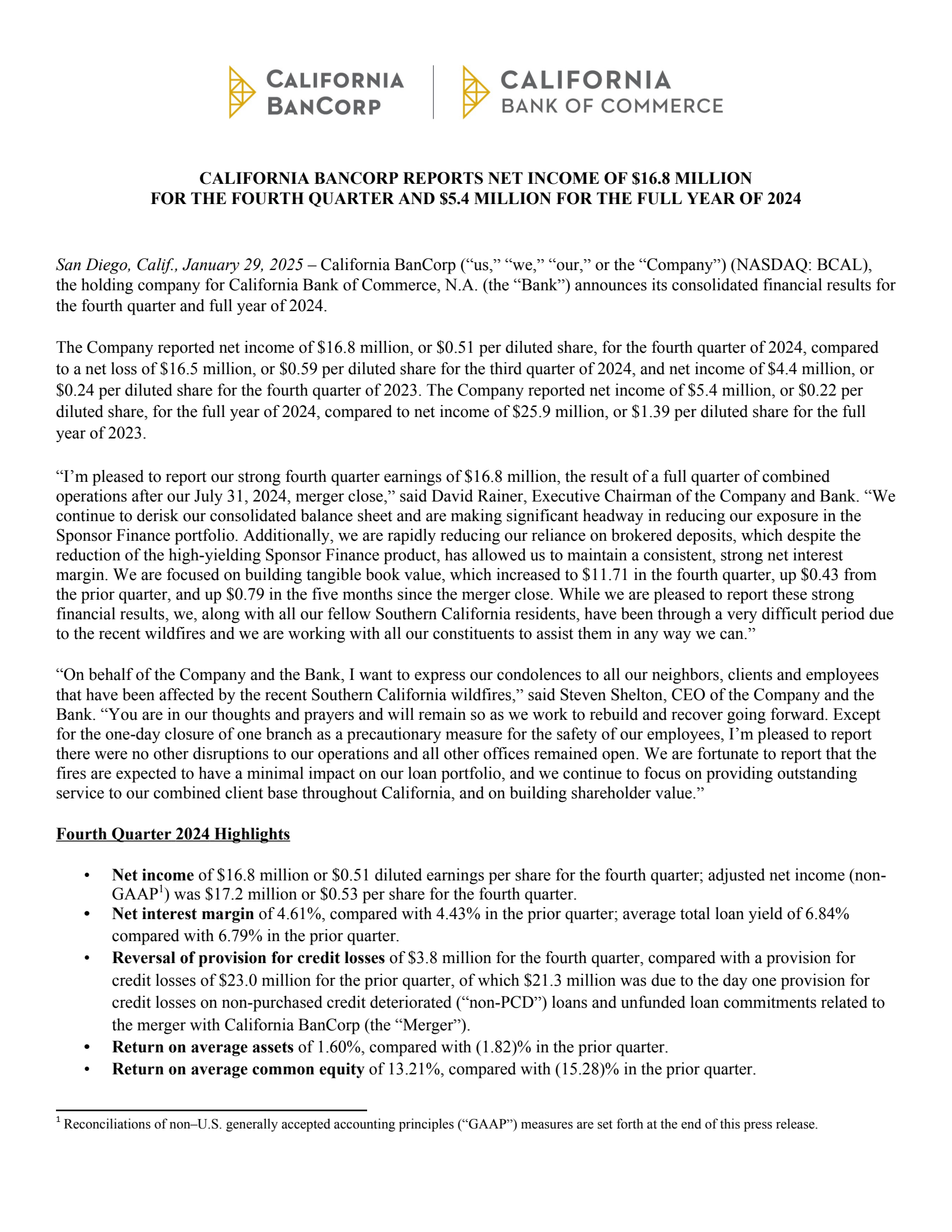 California BanCorp's Q4 2024 Press Release