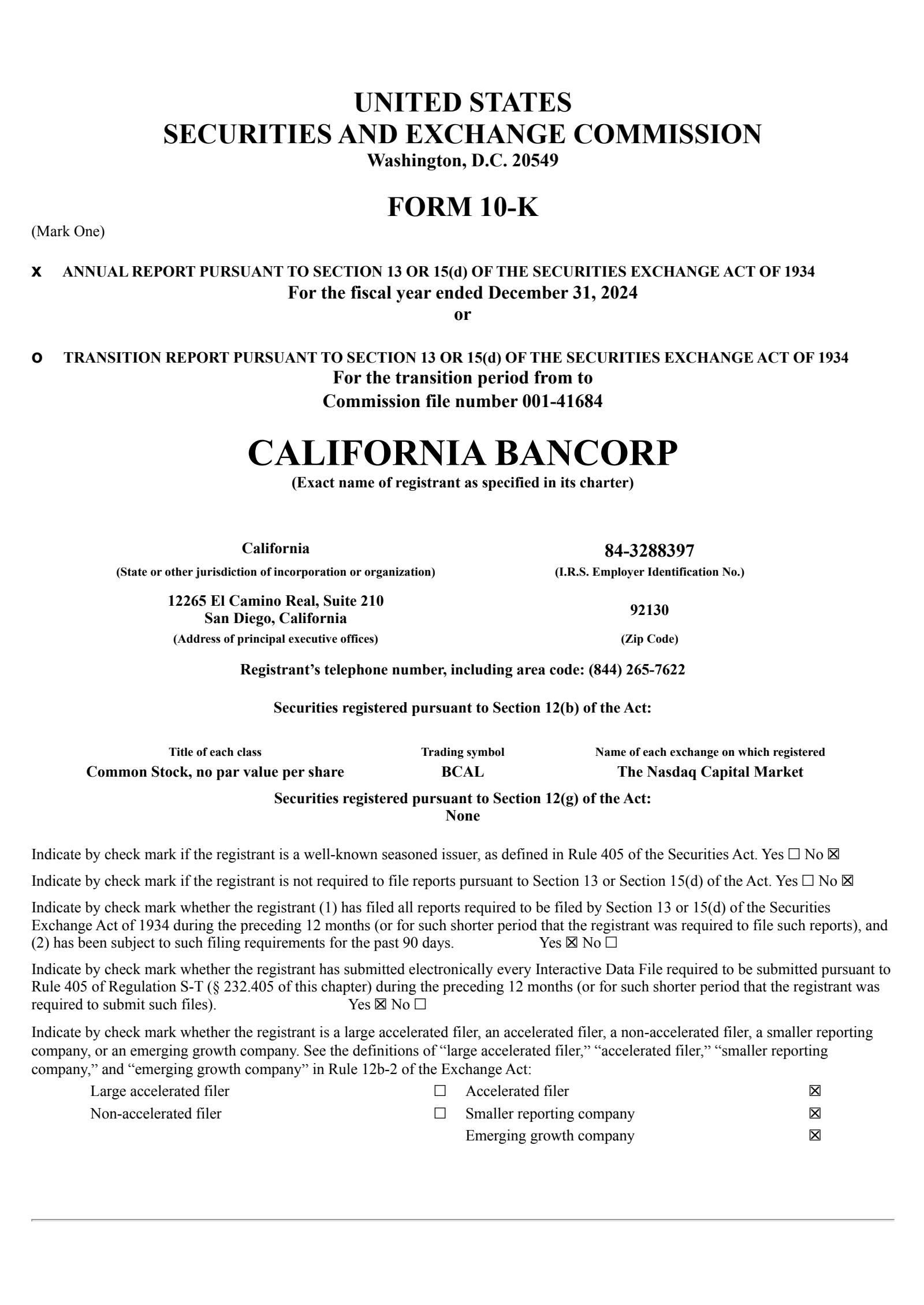 California BanCorp's Q4 2024 Annual report