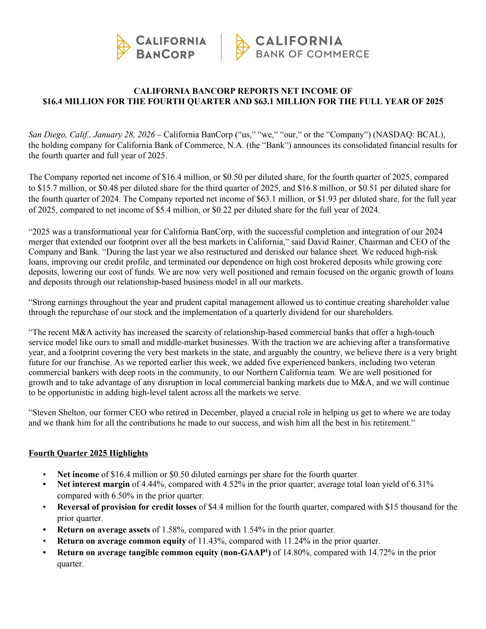 California BanCorp's Q4 2025 Press Release