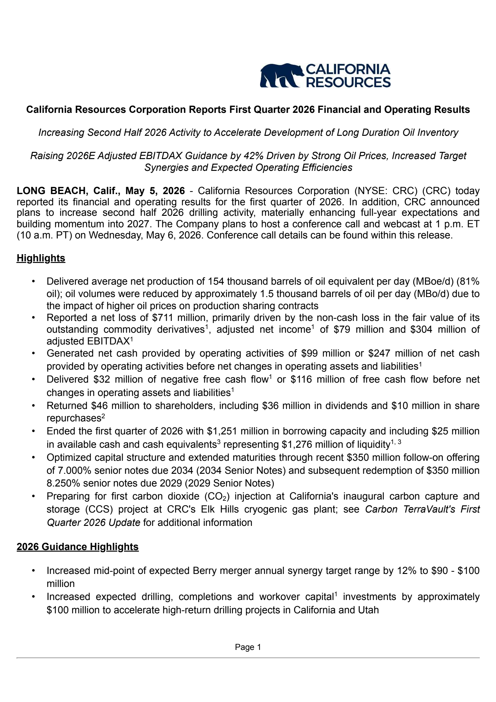 California Resources' Q1 2026 Press Release
