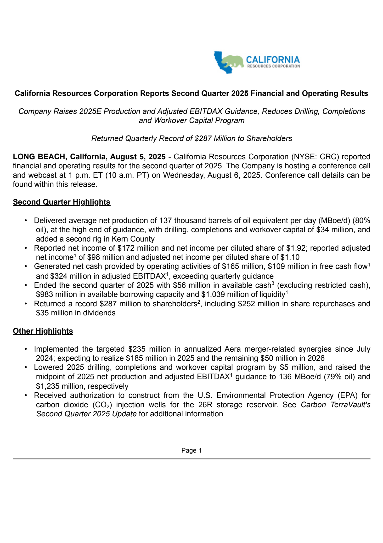 California Resources' Q2 2025 Press Release