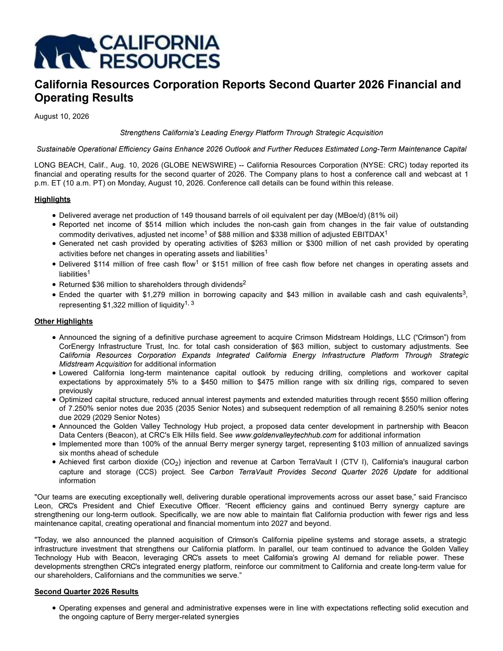 California Resources' Q2 2026 Press Release