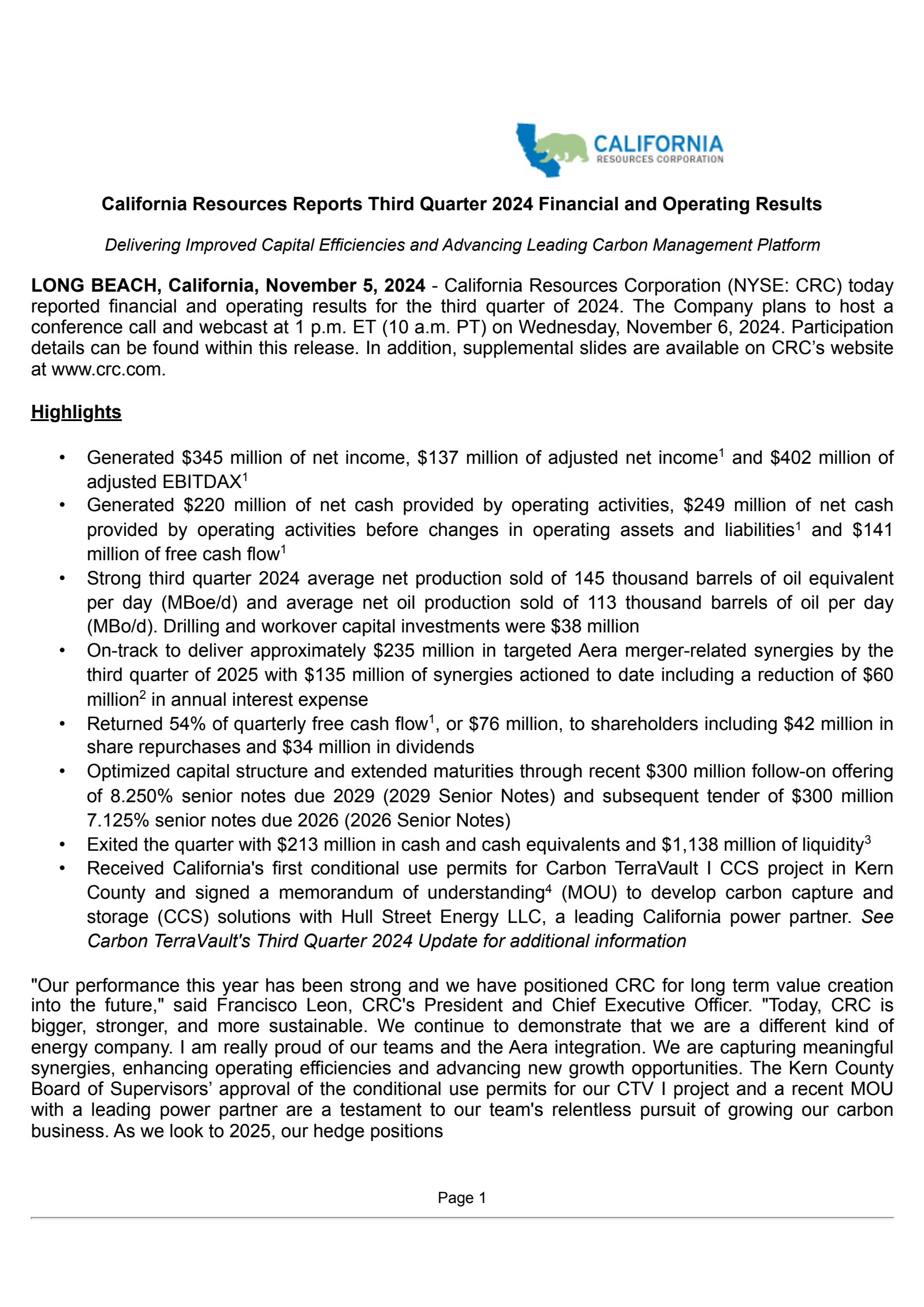 California Resources' Q3 2024 Press Release
